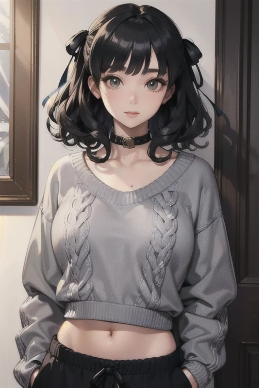 (best quality, masterpiece:1.1), (Intricate detailed:1.2),   upper body,     1girl, desired face, grey hair, medium hair, curly hair,   quin tails,  black colored hair ribbon,   sweater, crop sweater, collar, cargo pants,