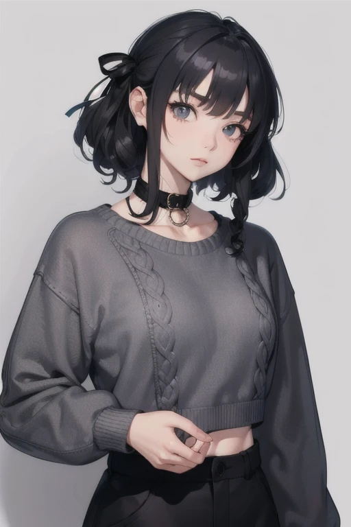(best quality, masterpiece:1.1), (Intricate detailed:1.2),   upper body,     1girl, desired face, grey hair, medium hair, curly hair,   quin tails,  black colored hair ribbon,   sweater, crop sweater, collar, cargo pants,