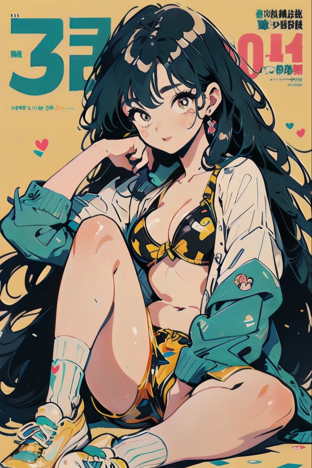 blue hair, yellow eyes, yellow eyelashes, Beautiful Girls in Anime ,clean small surfaces, (magazine cover:1), ((From before:1.2))、((Emphasis on lips)), (Lots of stickers:1.5), 1 cute girl, highest quality、ウルトラ - High resolution、High resolution、Detailed CG、8k unit wallpaper、17 years old、fine and beautiful eyes, (((Different types of colorful super shiny latex swimsuits)))、(shiny body,:1.5)、((bikini top, bikini bottom long socks、tech sneakers))、big breasts、blush, full of embarrassment、(Ahegao:1.5), (stick out tongue), ((portrait)), (sitting flat)