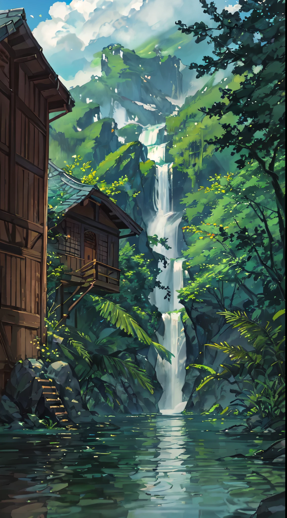 Chinese ancient times, spring, jungle, lake, cloud moving smoothly, cave, waterfall, tree, meadow, rock, deer, hot spring, water vapor, (illustration: 1.0), epic composition, realistic lighting, HD details, masterpiece, best quality, (very detailed CG unified 8k wallpaper) --v 6