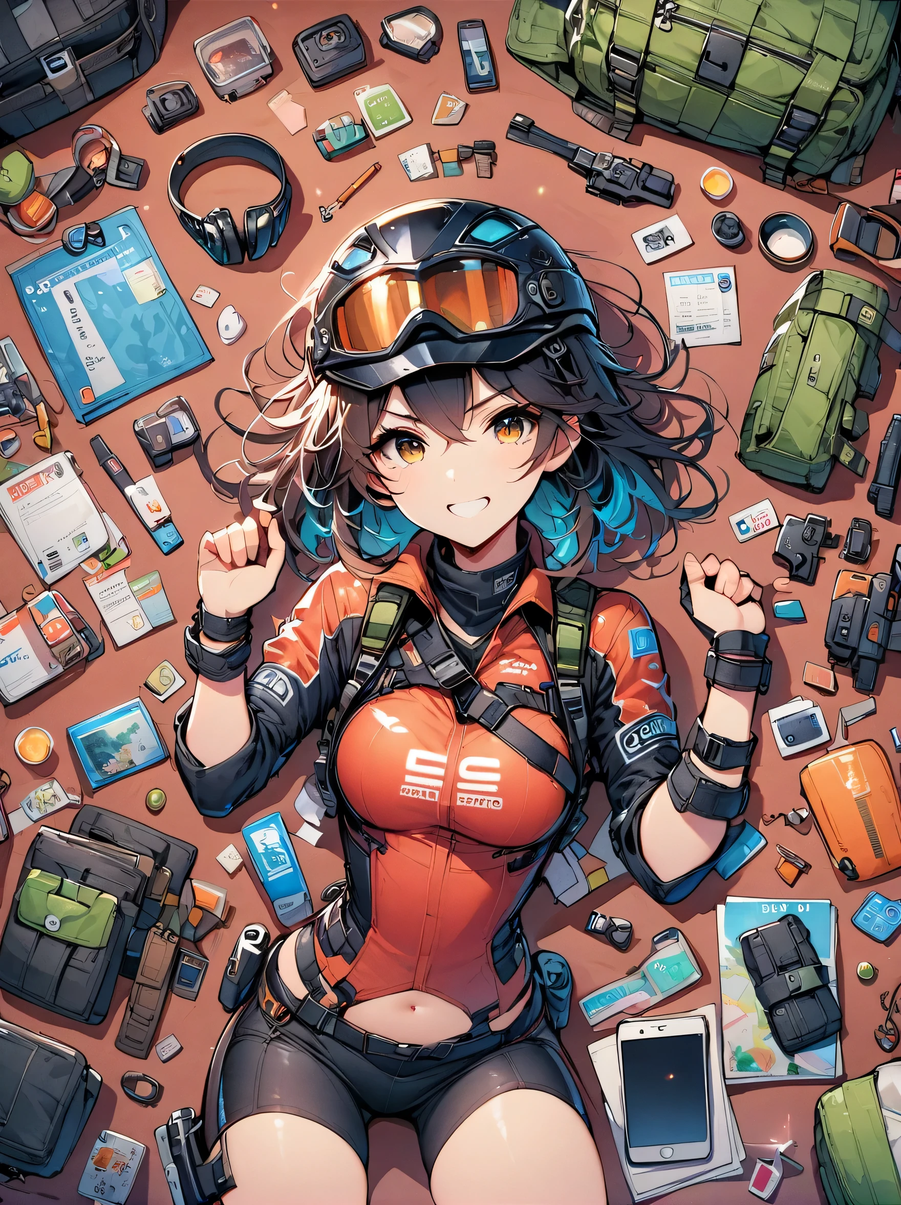 Asian face young girl,laughing expressin,Perfect body,road bike clothing,gear and
accessories,knolling layout organized on a table,person,knolling, Cartoon, pure red background