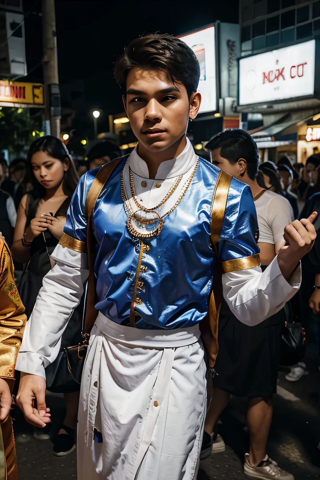 Full body Picture of a teenage  Thai guy,short,  ,thin body,15 years old wearing light brown transparent underwear , many golden and crystal accessories on body, necklace hand belt , golden shoes,topless walking in  Thailand royal palace street.