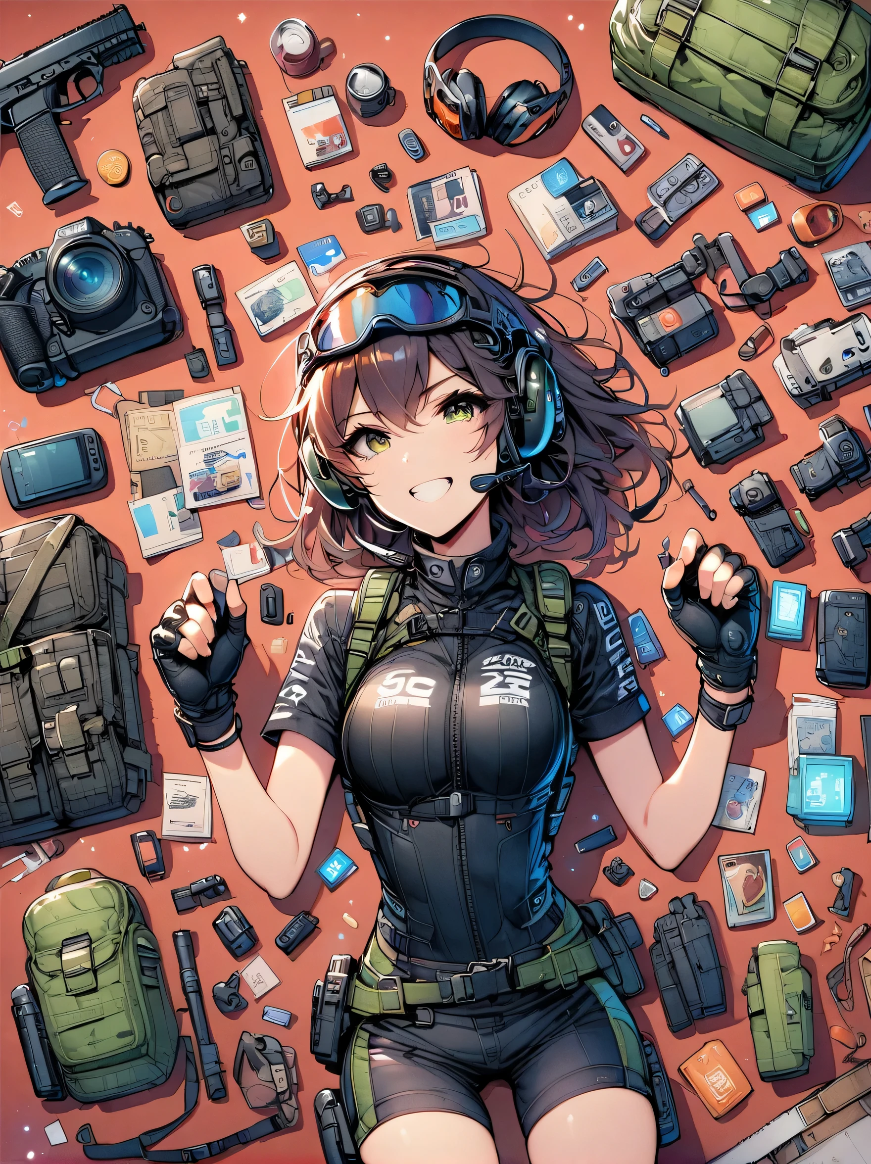Asian face young girl,laughing expressin,Perfect body,road bike clothing,gear and
accessories,knolling layout organized on a table,person,knolling, Cartoon, pure red background