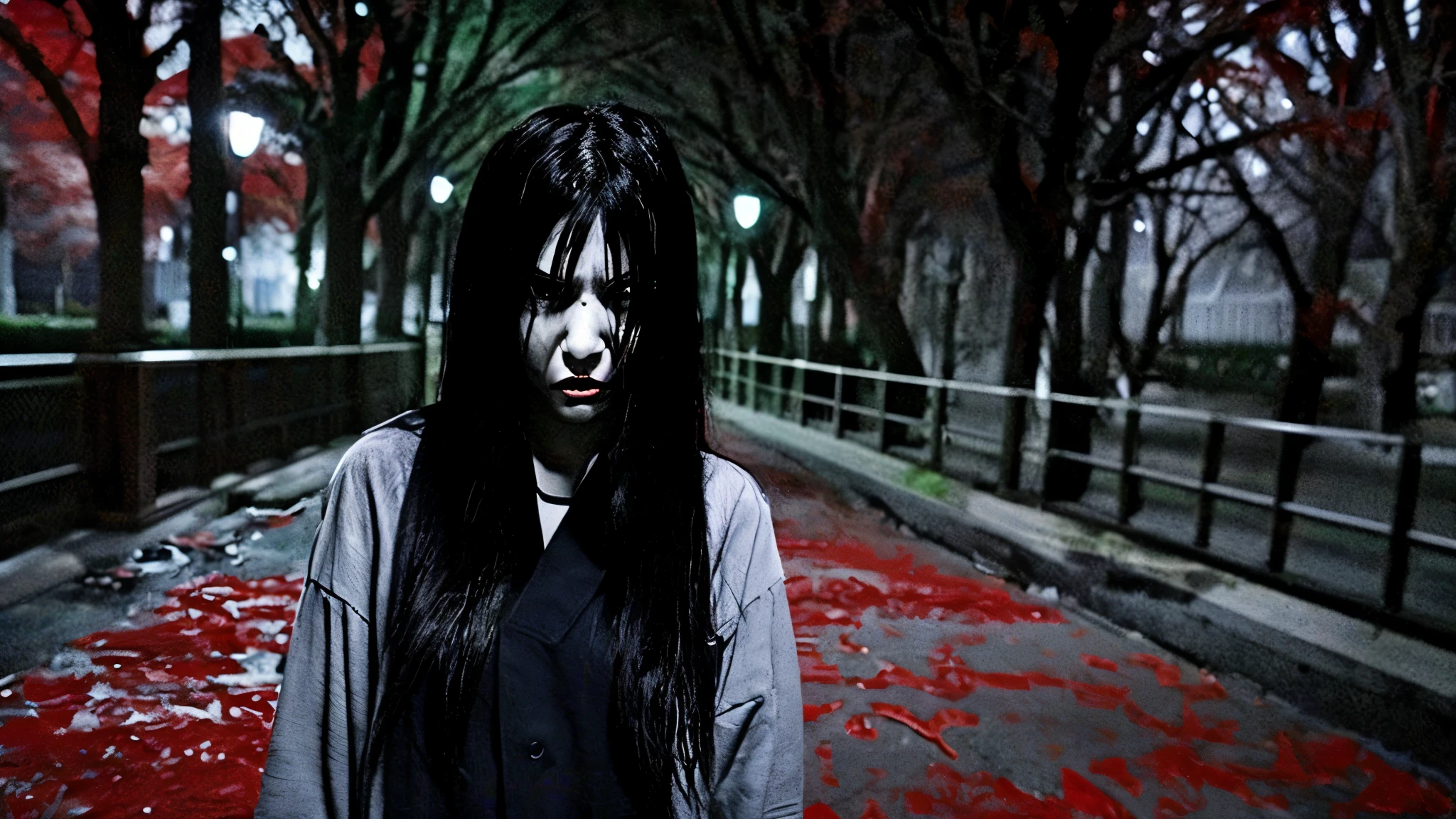 Japan, girl, bloody, black hair, long hair, angry expression, park, darkness, late night, abyss, fear, horror, creepy