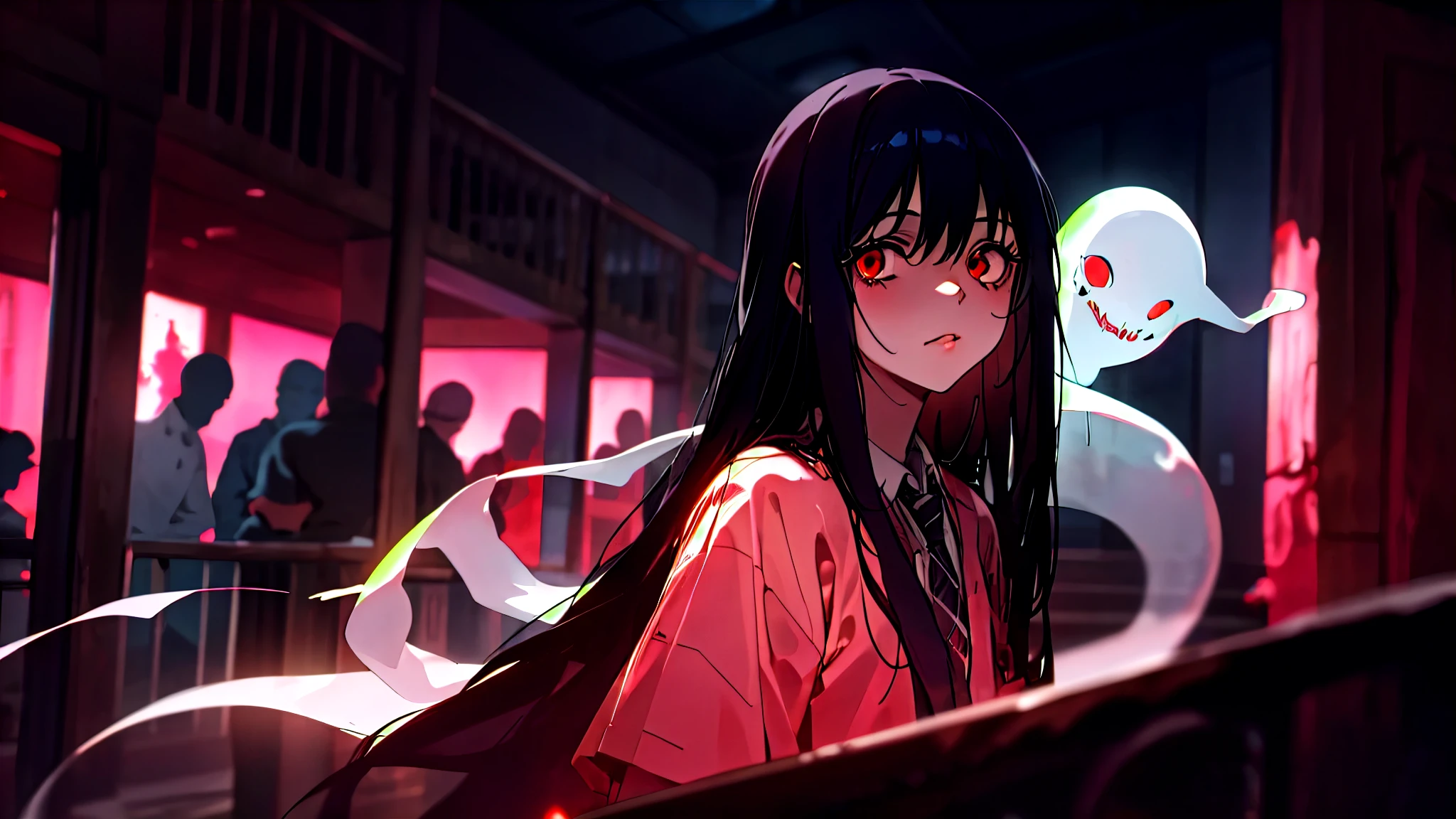 absurdres, 1girl, red eyes, long hair, wide-eyed, eyelashes, looking at viewer, upper body, concept art, , ghost, hallway, horror pink theme, posing, crowd