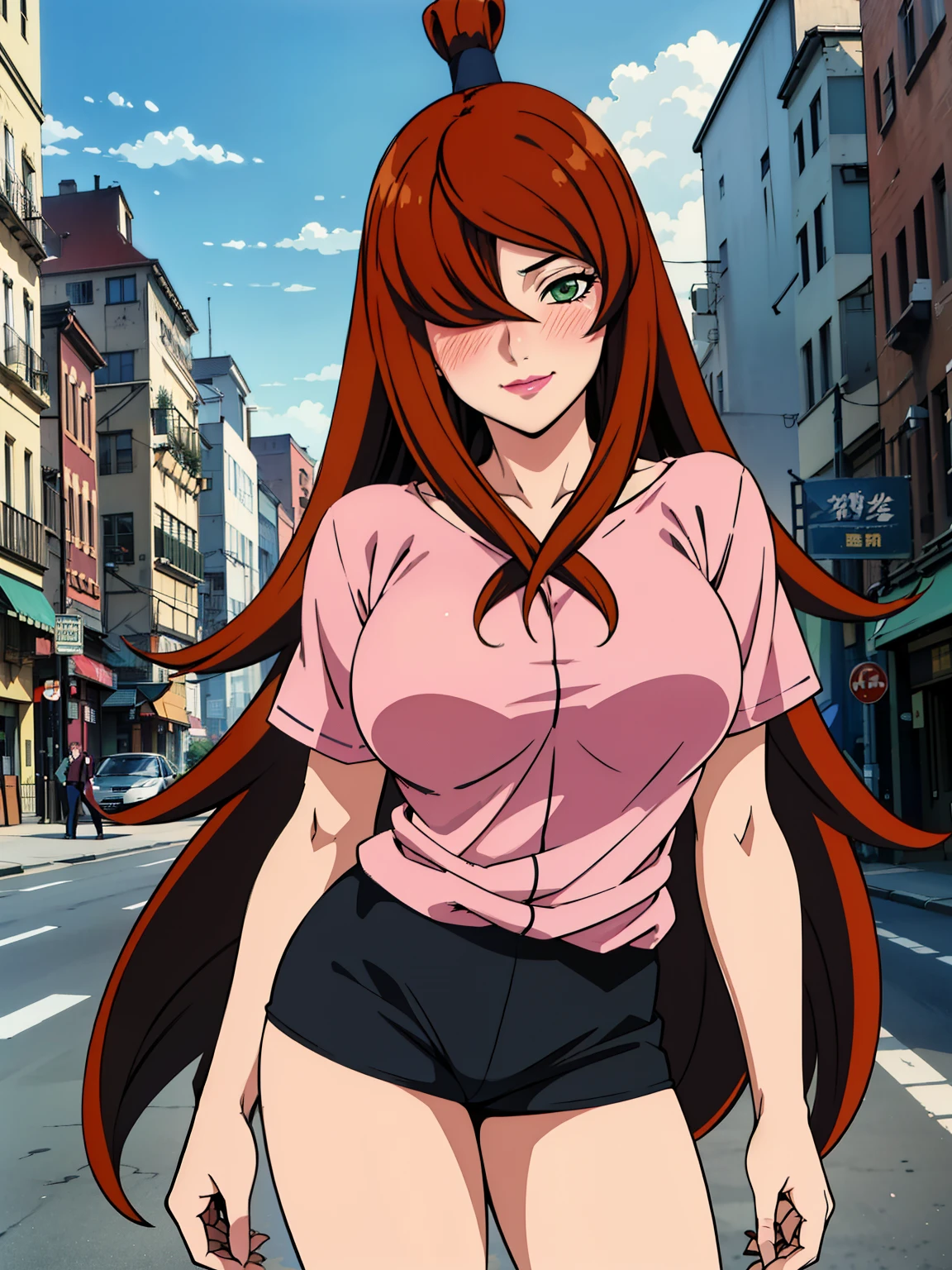 using t-shirt with bear head in it , black short pants, sunny city street background, mei terumi, solo, takeda hiromitsu style, anime cels style, best quality, high resolution, (large breasts:1.3), cowboy shot, blush, smiling, slim body, long hair, brown hair, green eyes, ((hair over one eye)), pink lipstick