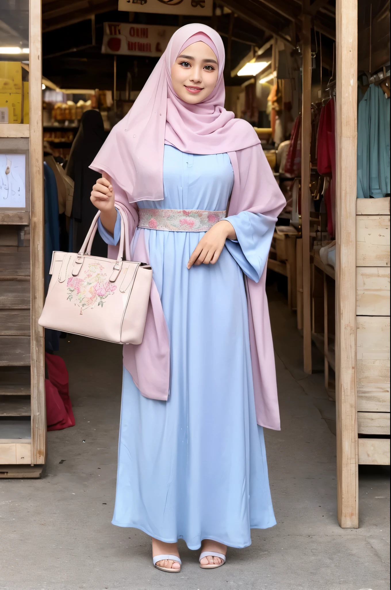 (Best quality, high resolution, masterpiece: 1.3), a cute and beautiful Indonesian guy in hijab, no breasts, slim figure, beautifully presented details in the facial and skin texture, detailed eyes, double eyelids, cute guy, average male body, HDR, 8k resolution, nice fingers, perfect hands, perfect feet, firm skin, smooth skin, bright skin,(((high detail skin, visible pores))), 1 male, tall body, standing in the market, 23 years old, wearing Floral Gamis, Pastel Hijab, holding a purse, Full Body portrait, Beautiful Shy Smile, Wearing High Heels, graceful gesture