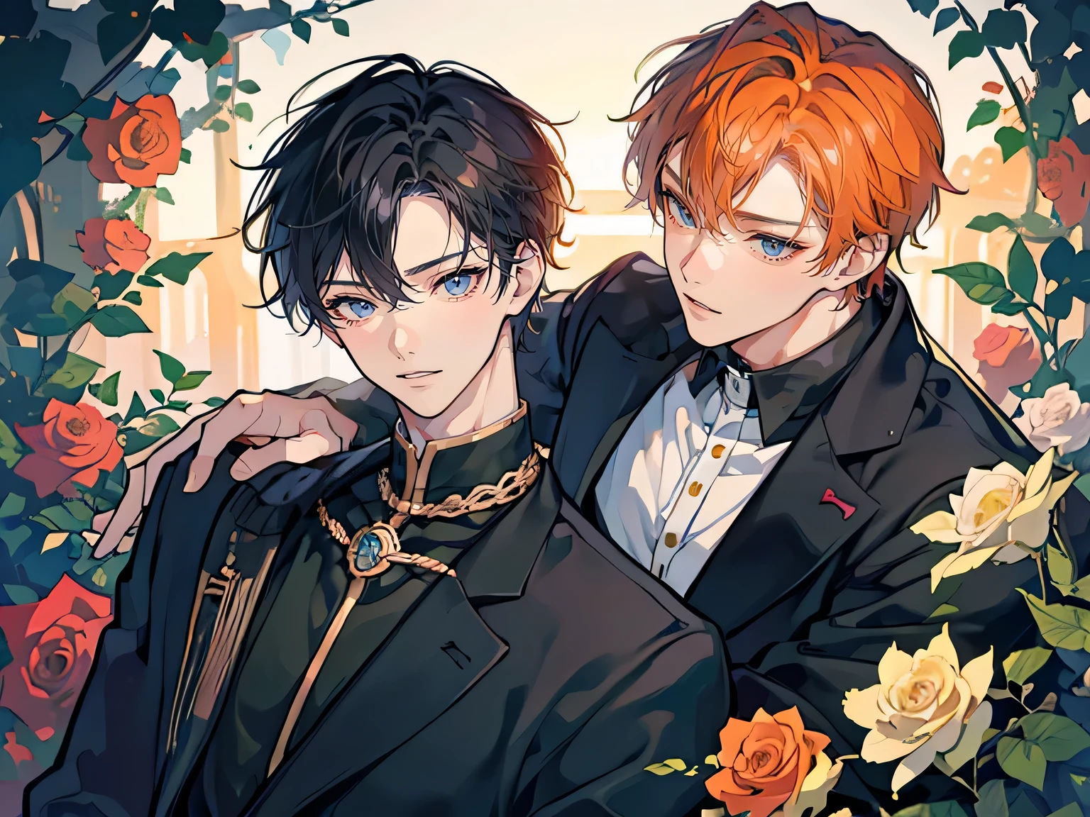 ((best quality)), ((masterpiece)), (detailed), perfect face, 2 boys, gay couple, one boy with dark black hair and dark brown eyes and is tall and handsome, looks fierce and bold, tsundere, very tall, hot and other boy has orange hair and orange eyes and is cute adorable and is bubbly and shorter, short height, baby face, blushing looks like innocent and shy, they are in love, romance, gay couple, bl couple, yaoi, 4k ultra anime quality, anime ARTSTYLE, bl yaoi, hugging, 4k anime art style, cute, holding flowers, roses, holding rose