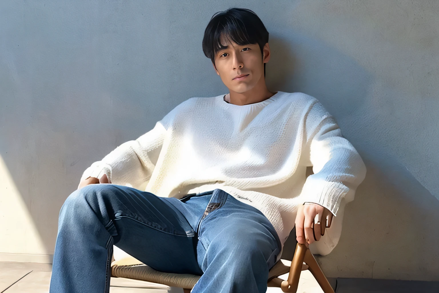 hot day in may、long sleeve white sweater、jeans、Japanese man in his 40s、I'm dizzy from the heat、I'm sitting on a chair with this picture、