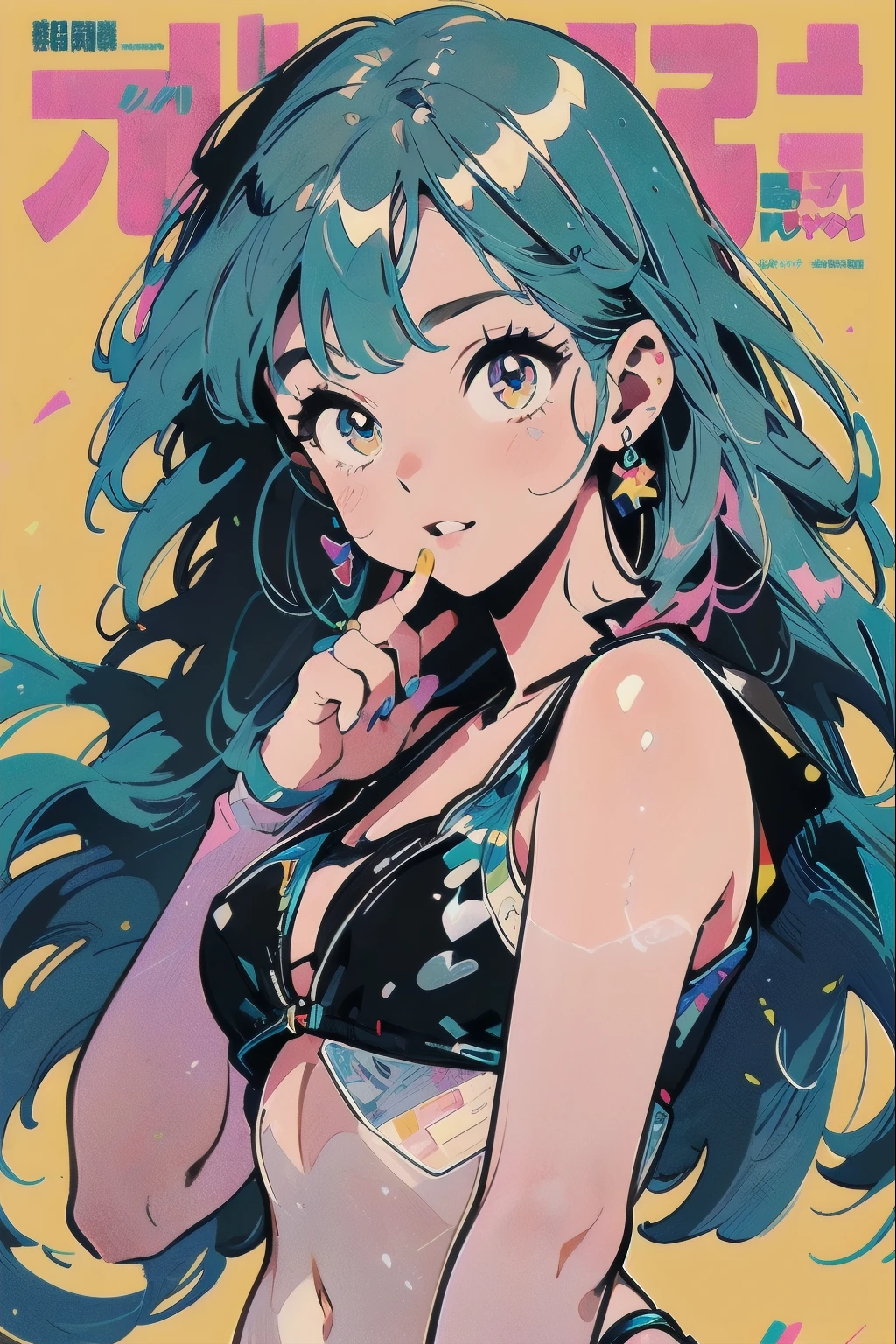 pink and blue hair, straight hair, blunt bangs, yellow eyes, yellow eyelashes, Beautiful Girls in Anime ,clean small surfaces, (magazine cover:1), ((From before:1.3))、((Emphasis on lips)), (Lots of stickers:1.5), 1 cute girl, highest quality、ウルトラ - High resolution、High resolution、Detailed CG、8k unit wallpaper、、fine and beautiful eyes, (((Different types of colorful super shiny latex swimsuits)))、(shiny body,:1.5)、((bikini top, bikini bottom long socks、tech sneakers))、big breasts、blush, full of embarrassment、(Ahegao:1.5), (stick out tongue), ((portrait))