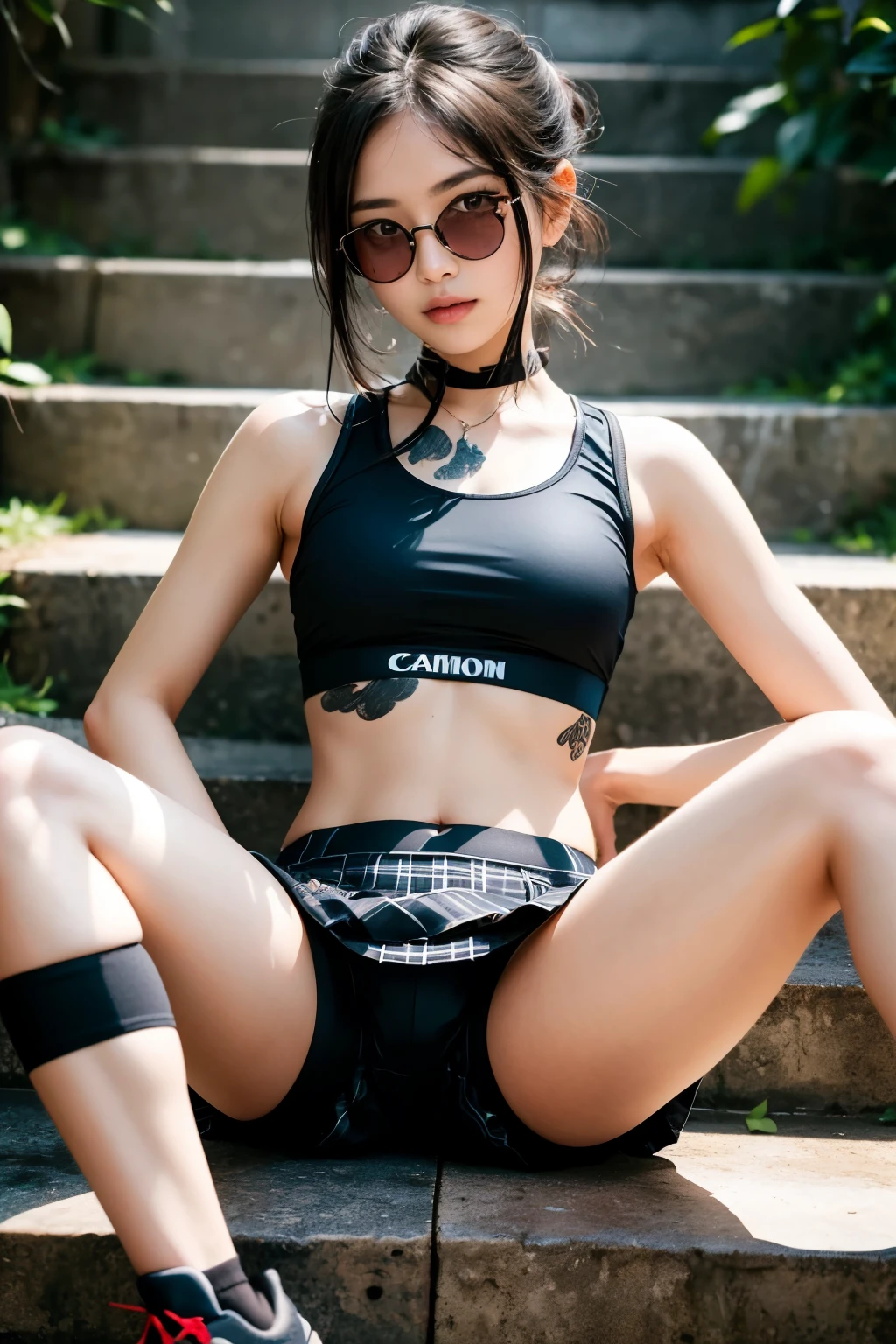 (Photographed with Canon EOS R5,Canon EF 24-70mm f/2.8L II,LED panel) , realistic, BREAK,
solo focus, (full body shot:1.4), BREAK,
(1girl, flat chest :1.4), (high resolution detail of human skin texture : 1.5), (eyes are red and swollen),
(1 Japanese girl ), brown eyes, nipples, hetero, parted lips,
spread legs, flat chest, lips,(:1.5),
perfectly proportions, breasts, looking at viewer, brown short hair, skinny body,
BREAK,
(wearing sports bra, wearing short spats pants under skirt :1.4), (black short spats pants:1.4),(plaid skirt:1.4),
(Do not expose upper body, Do not take off skirt:1.4),
BREAK,
(sitting down on stairs:1.5), outdoors,
BREAK,