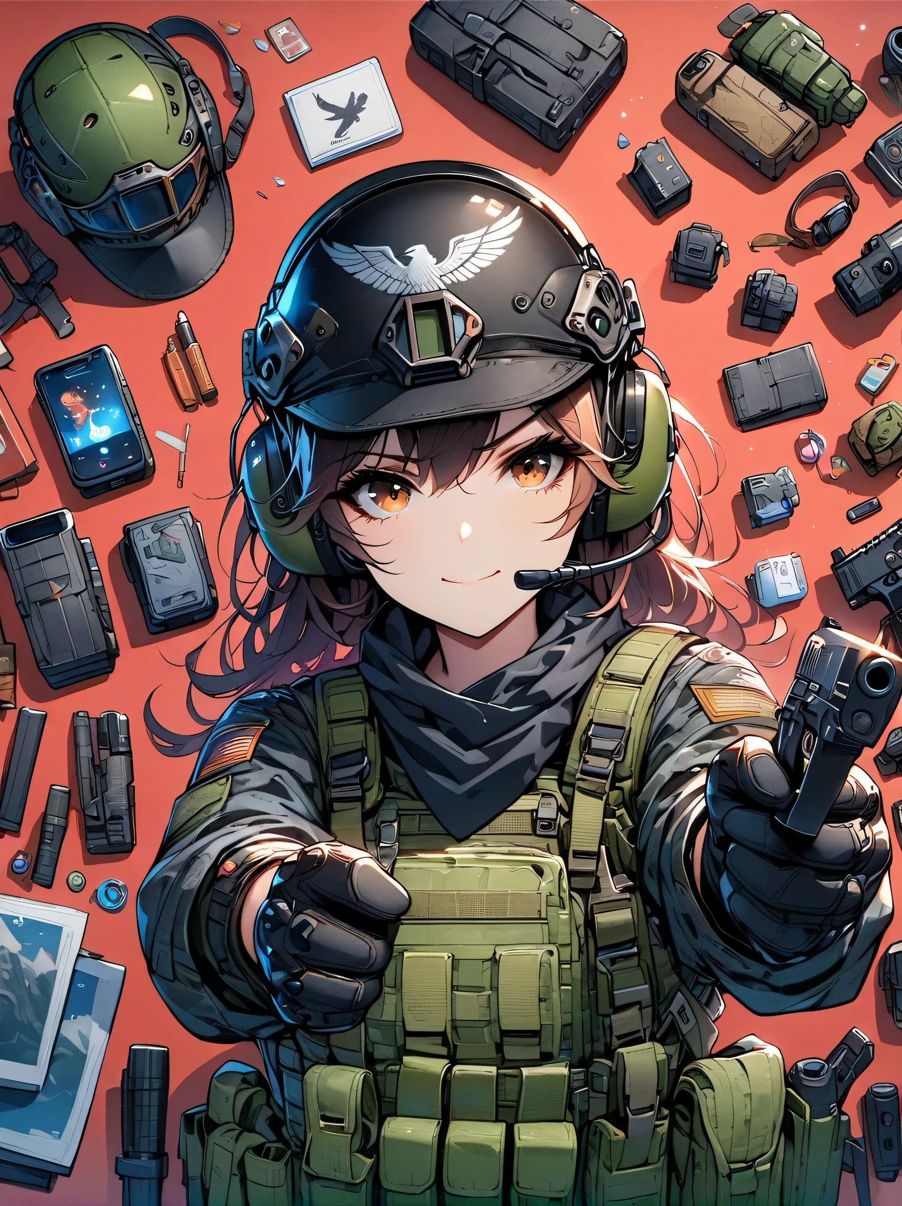 Asian face young girl,laughing expressin,Perfect body,military tactical equipment,gear and accessories,knolling layout organized on a table,person,knolling, Cartoon, pure red background,(first-person view, pov, UHD, retina, masterpiece, ccurate, anatomically correct, textured skin, super detail, high details, best quality, 8k)