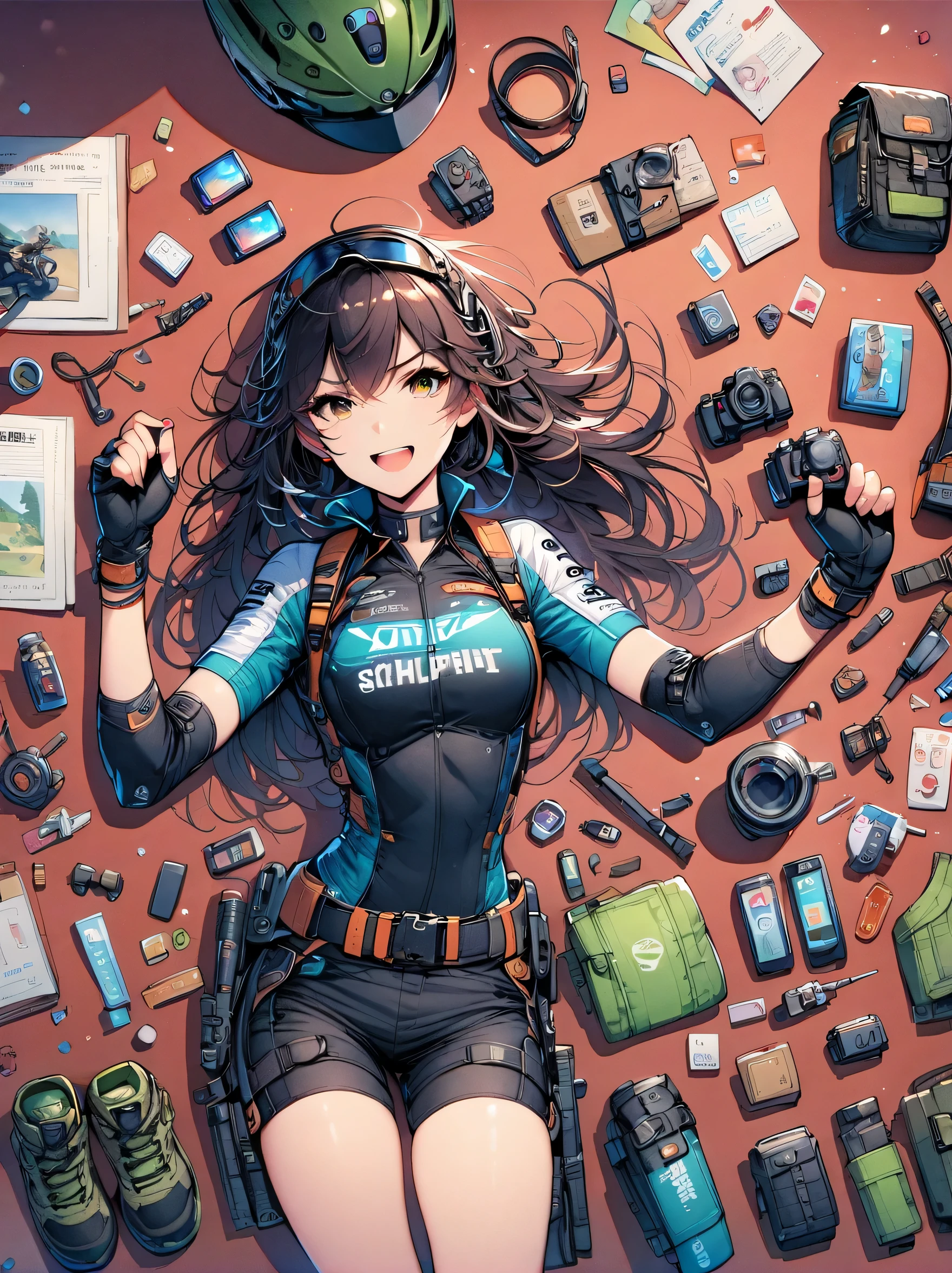 Asian face young girl,laughing expressin,Perfect body,road bike clothing,gear and
accessories,knolling layout organized on a table,person,knolling, Cartoon, pure red background