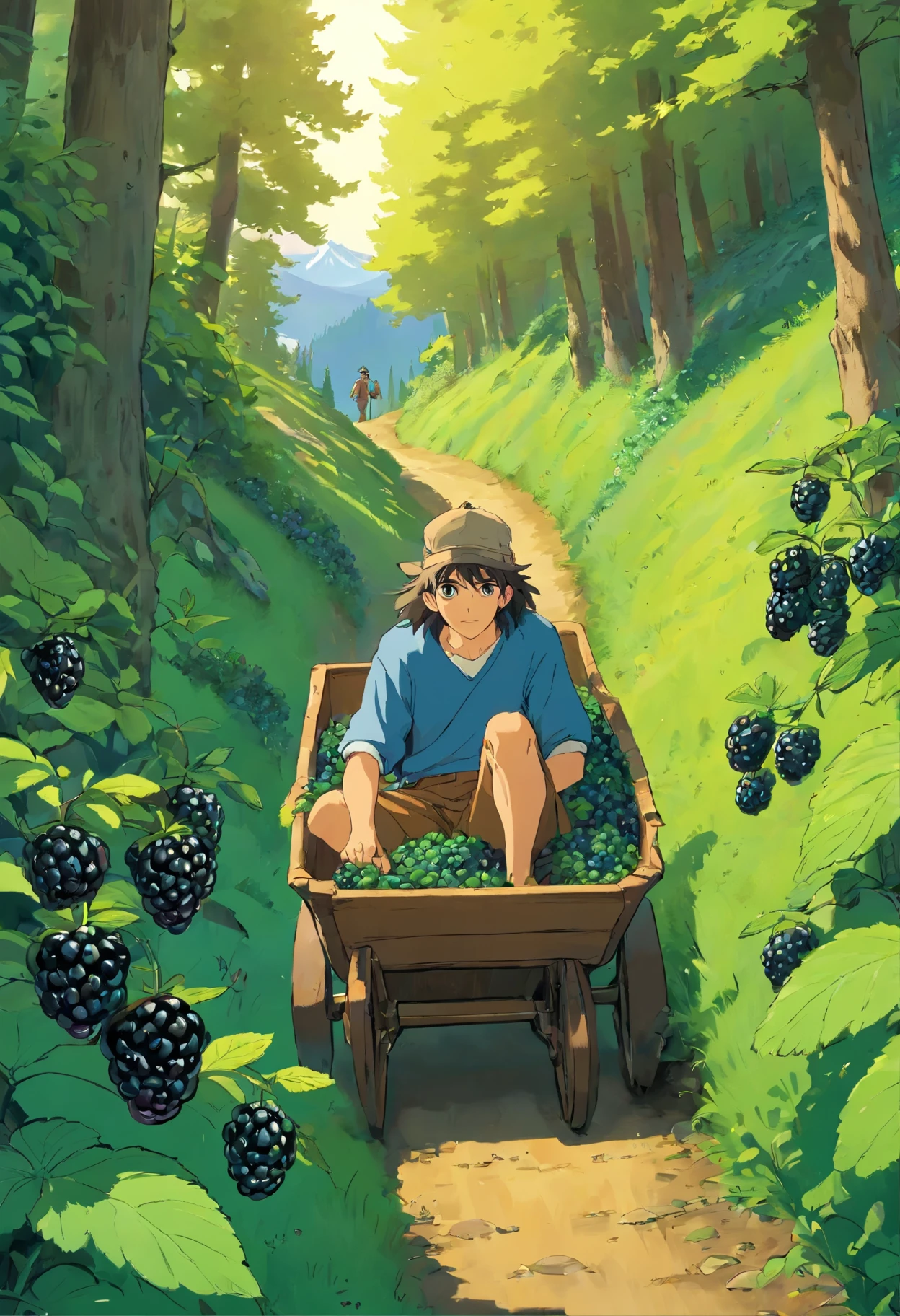 oregon, mt hood, blackberries, unrealistically large blakberries, hills, pathway, long haired man sitting in wheelbarrow