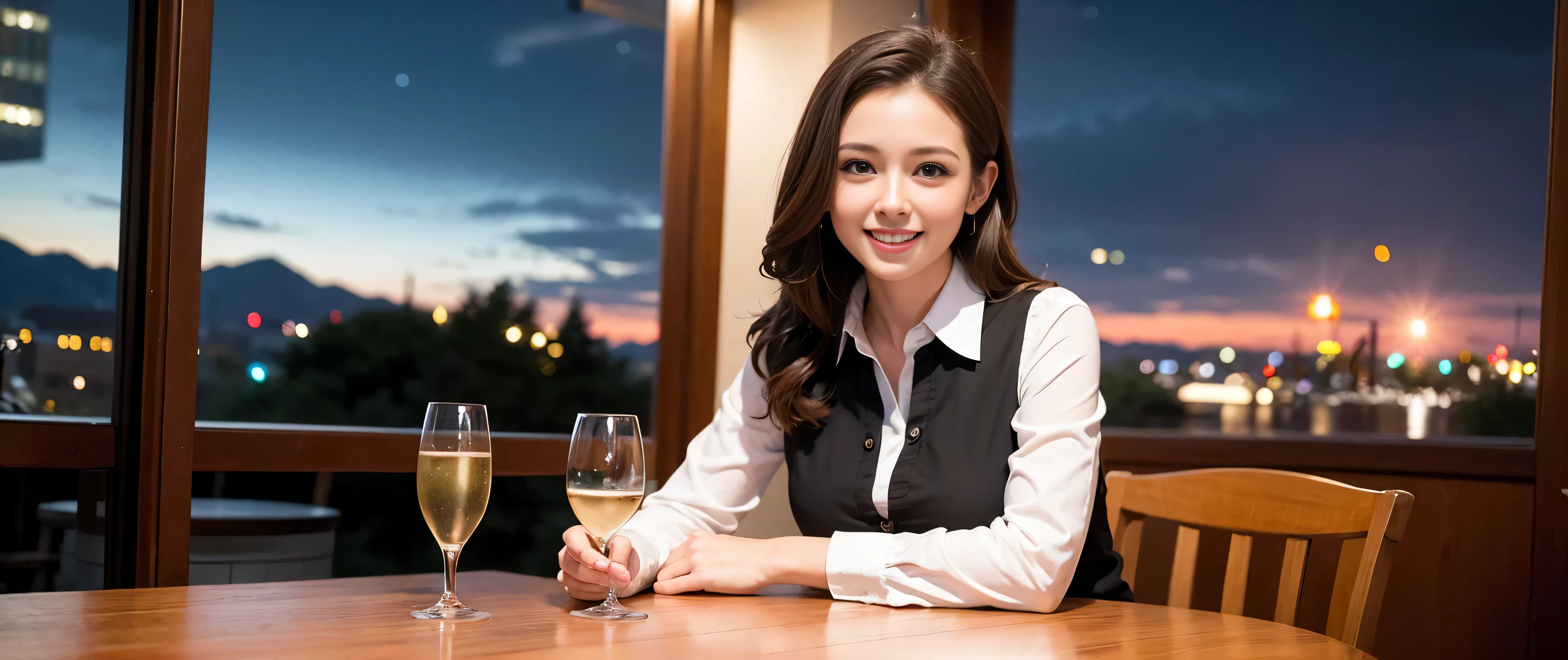 K, Hmm, highest quality, masterpiece: 1.2), (realistic, photorealistic: 1.37), Spectacular view of the sunset sky and clouds、Amazing mountain views、A bright smile、3 slim beauties, (slim face),Happy、 the best smile、Fox face、Berry Short、(because I'thin), (brown hair), (shortcut), long sleeve shirt、winter fashion、Japanese、Dutch、German、Portuguese、Belgian、Italian、French,Champagne、sparKling wine、 (gush out), (slim body), (brown hair), (shortcut), neat beauty、cheeKs turn a little red, (35 years old), 38 years old, alone, A beautiful and detailed night view spreads out outside the window...., restaurant, wine glass is sitting, At night, in a prominent place (from the Upper body) nova frog style, actress, model, Upper body, White wine, slim, wine glass, Very beautiful night view, wine glass Put in the Middle, Happy smile, (smile: 1.15),