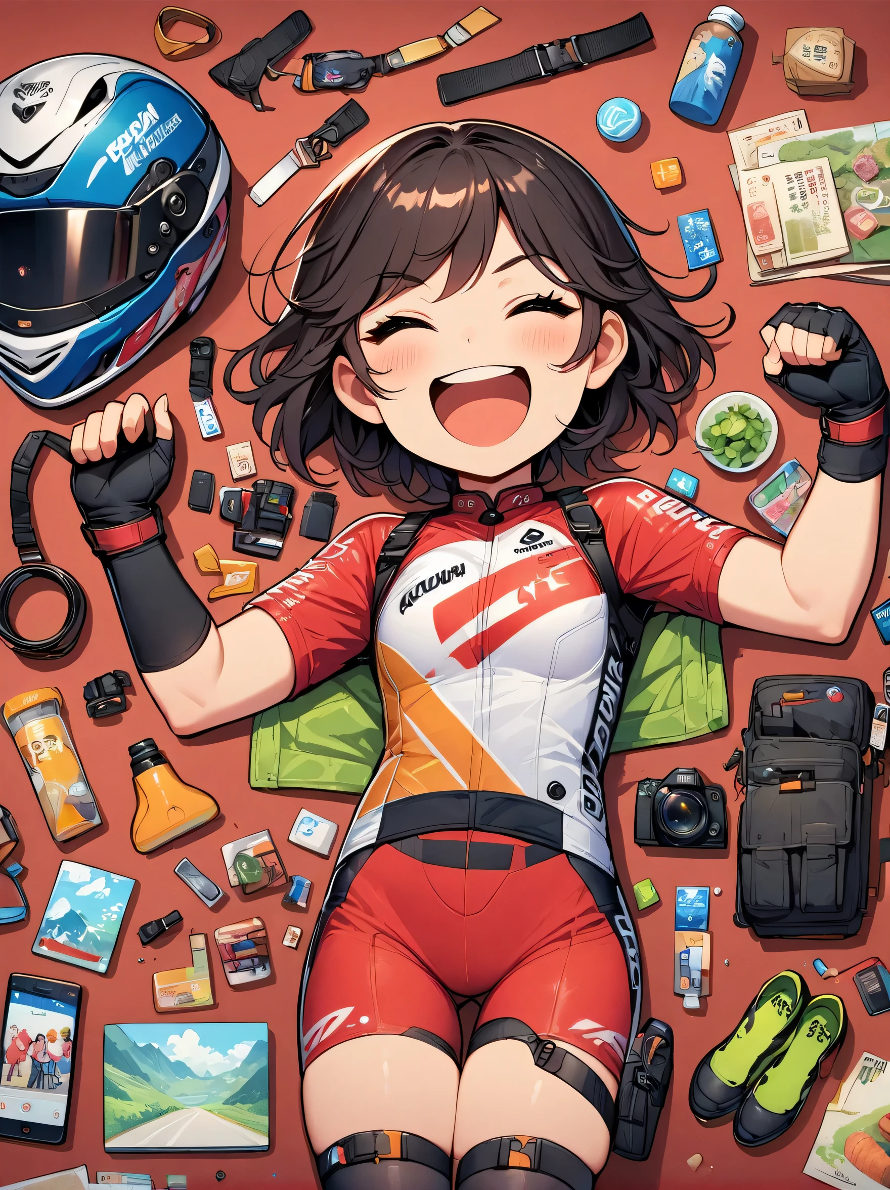 Asian face young girl,laughing expressin,Perfect body,road bike clothing,gear and
accessories,knolling layout organized on a table,person,knolling, Cartoon, pure red background