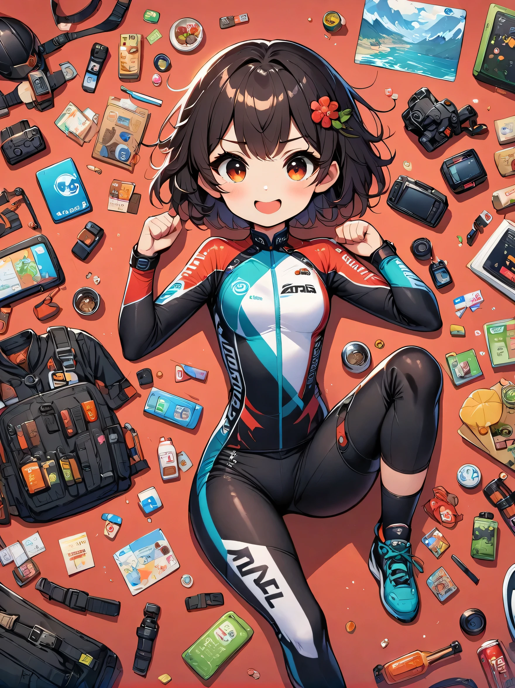 Asian face young girl,laughing expressin,Perfect body,road bike clothing,gear and
accessories,knolling layout organized on a table,person,knolling, Cartoon, pure red background