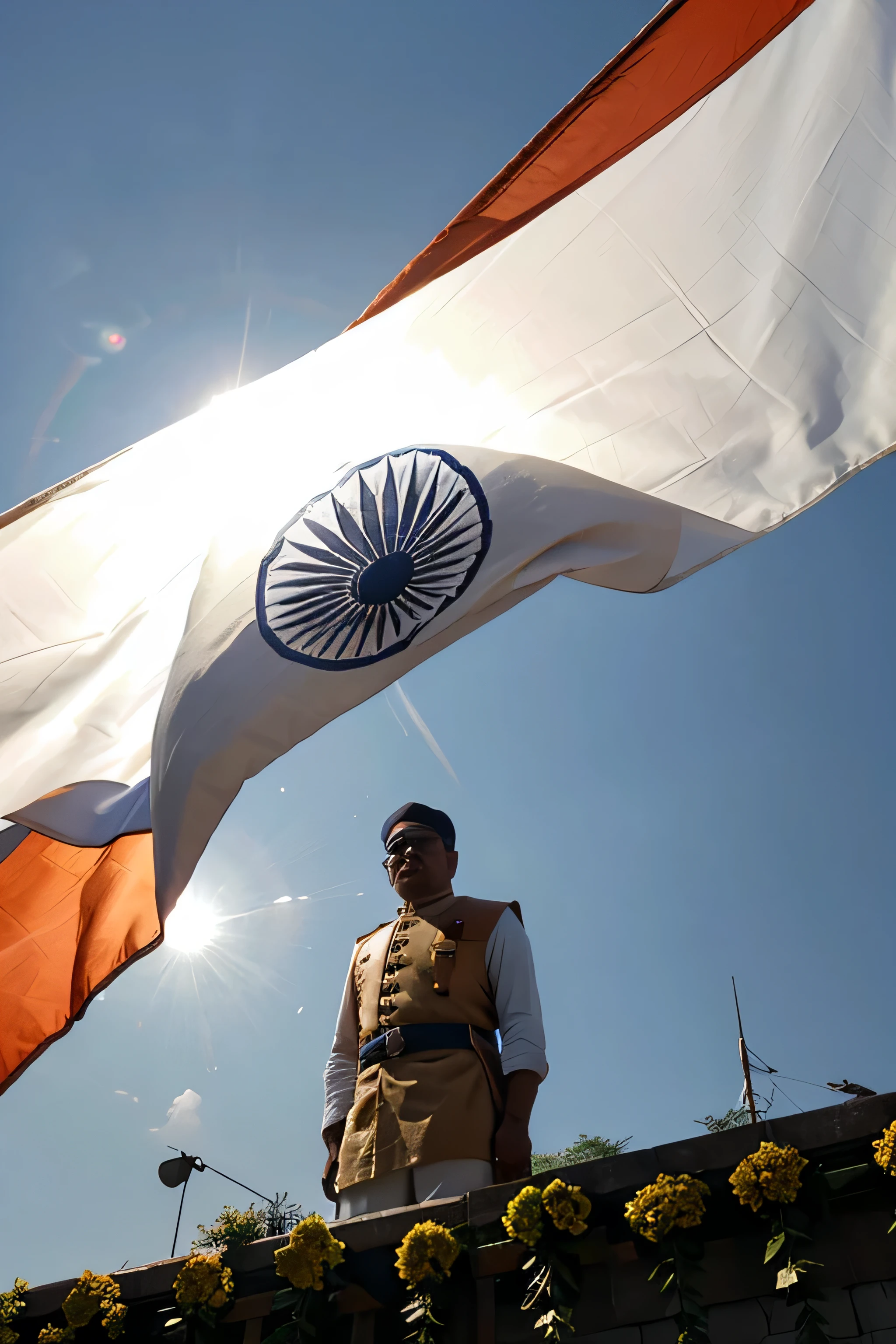 Camera angle and position: Medium close-up, eye level
Action, environment, time of day, lighting: Subhas Chandra Bose standing on a stage addressing a crowd, surrounded by Indian flags. Daytime, bright sunlight.