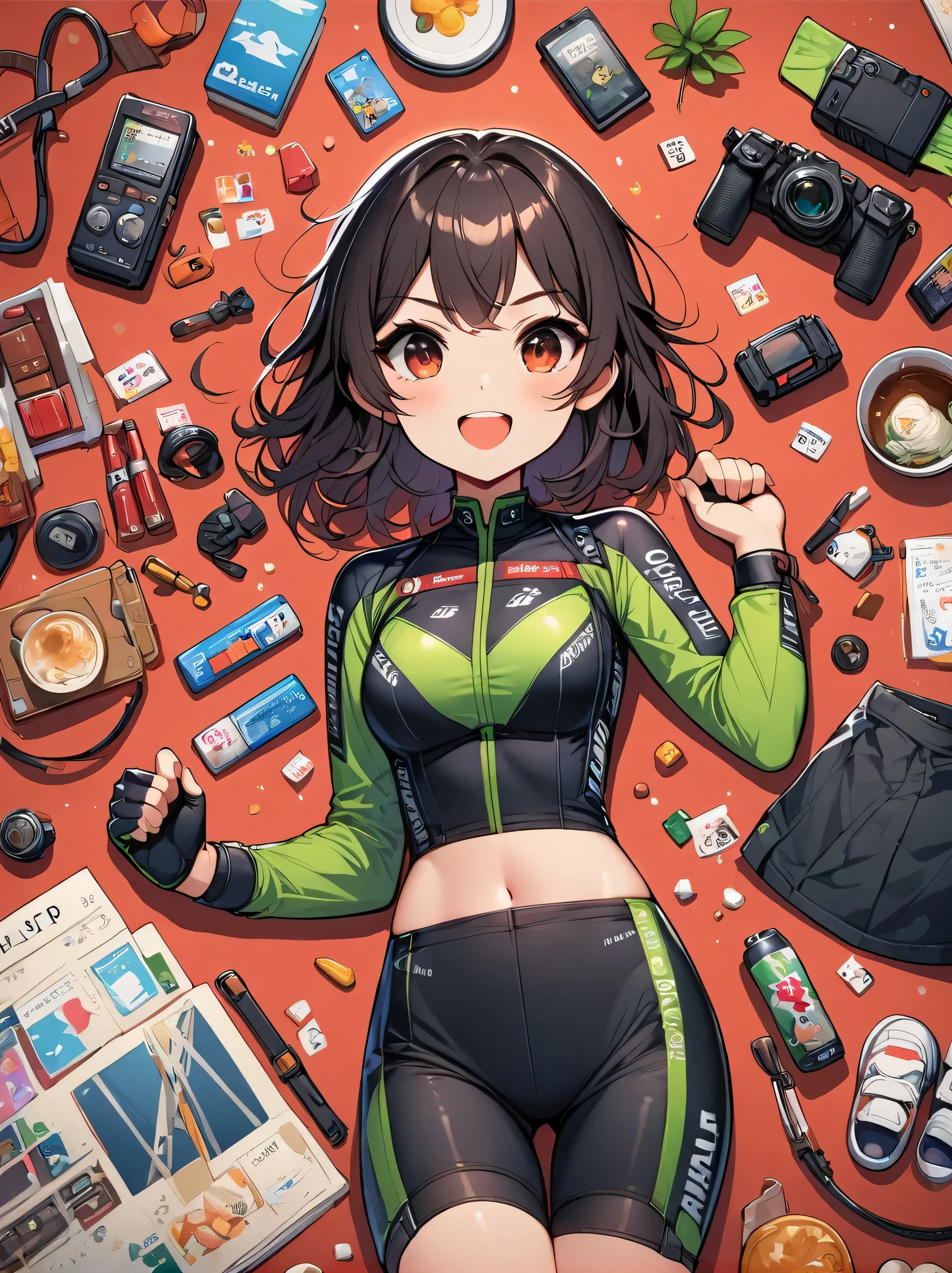 Asian face young girl,laughing expressin,Perfect body,road bike clothing,gear and
accessories,knolling layout organized on a table,person,knolling, Cartoon, pure red background