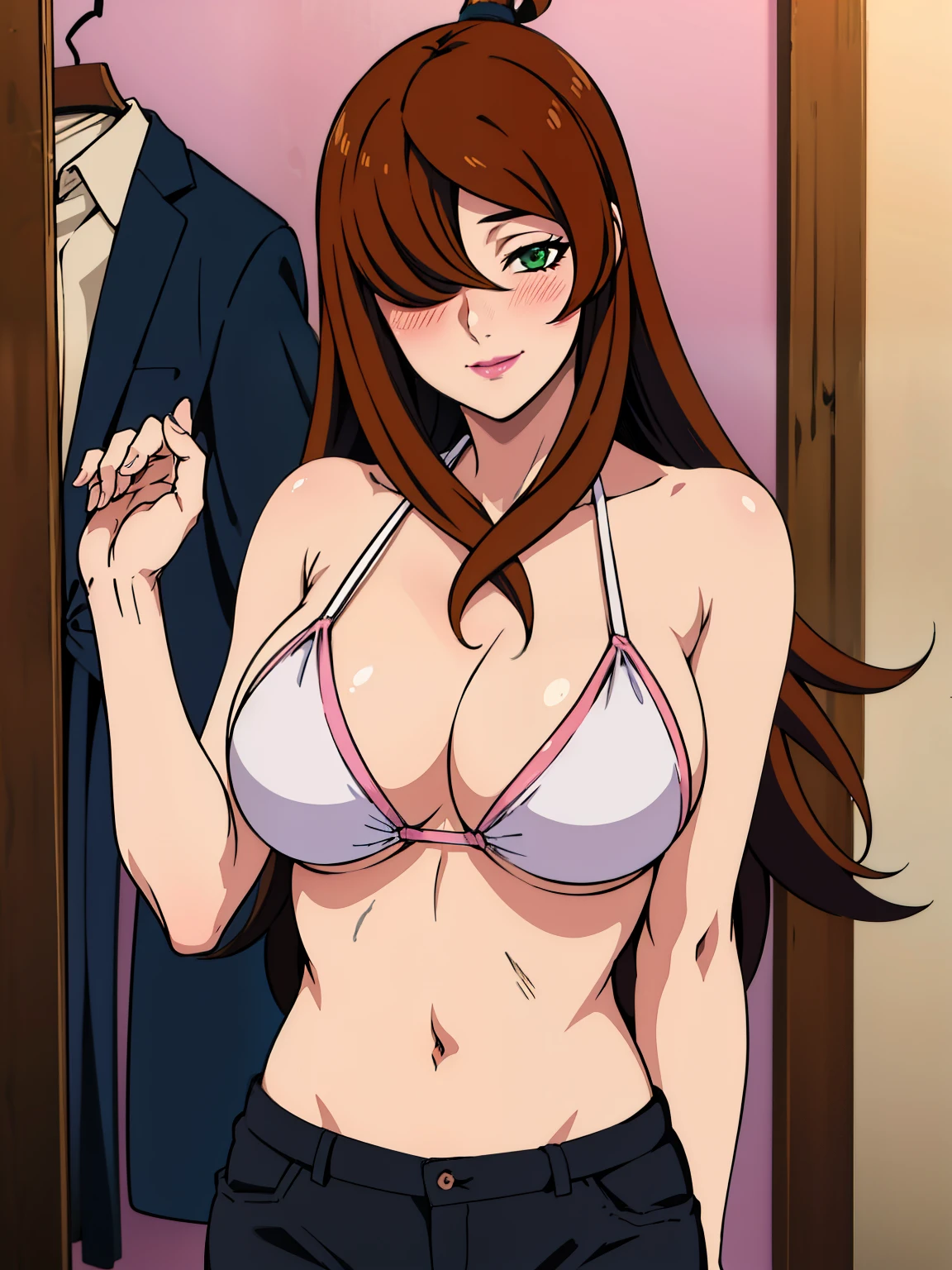 show her armpits, white-pink bikini, black short pants, at fitting room, bikini store background, mei terumi, 25 yo, mature women, solo, takeda hiromitsu style, anime cels style, best quality, high resolution, (large breasts:1.3), cowboy shot, blush, smiling, slim body, long hair, brown hair, green eyes, ((hair over one eye)), pink lipstick