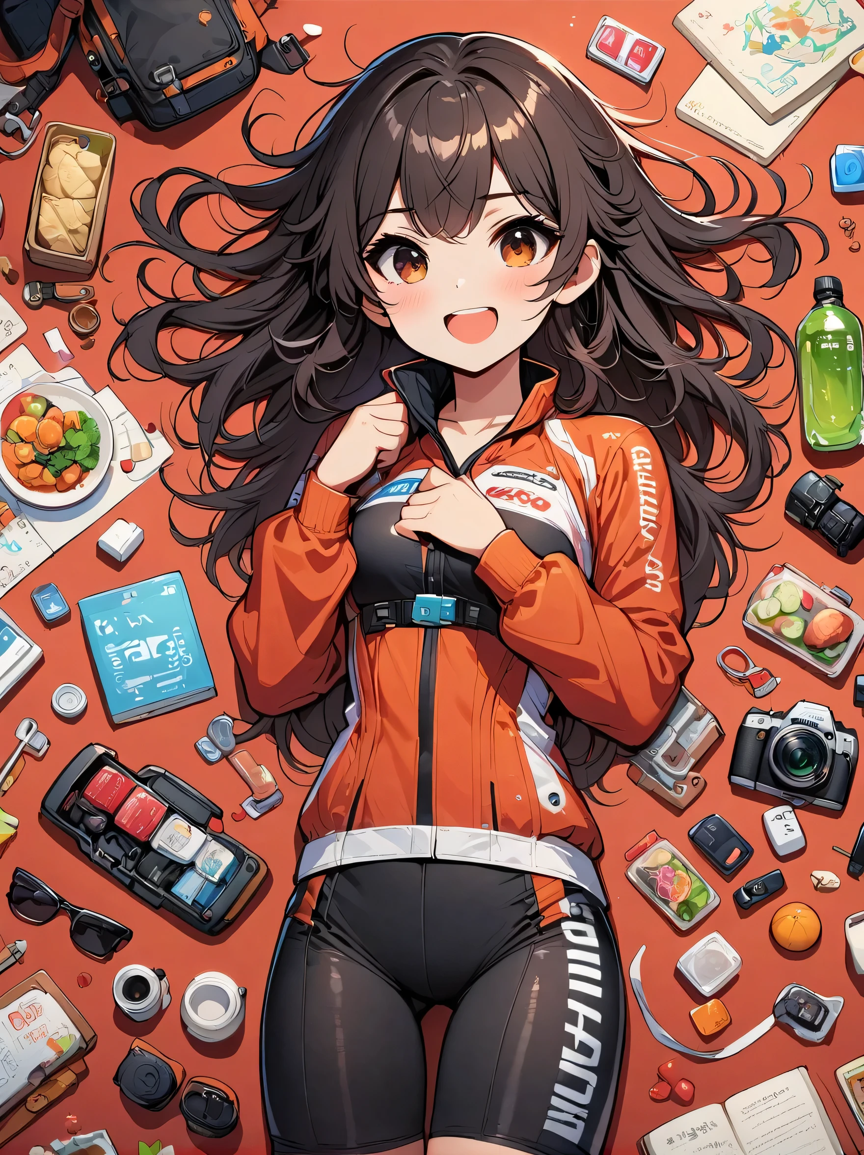 Asian face young girl,laughing expressin,Perfect body,road bike clothing,gear and
accessories,knolling layout organized on a table,person,knolling, Cartoon, pure red background