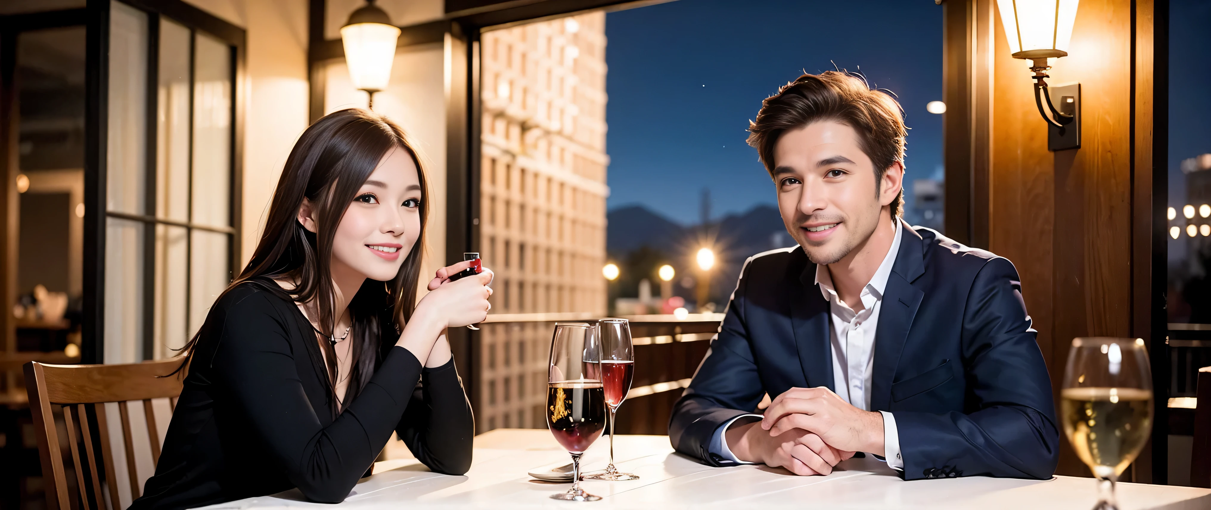 K, Hmm, highest quality, masterpiece: 1.2), (realistic, photorealistic: 1.37), Spectacular view of the sunset sky and clouds、Amazing mountain views、A bright smile、3 slim beauties, (slim face),Happy、 the best smile、Fox face、Berry Short、(because I'thin), (brown hair), (shortcut), long sleeve shirt、winter fashion、Japanese、Dutch、German、Portuguese、Belgian、Italian、French,Champagne、sparKling wine、 (gush out), (slim body), (brown hair), (shortcut), neat beauty、cheeKs turn a little red, (42 years old), 38 years old, alone, A beautiful and detailed night view spreads out outside the window...., restaurant, wine glass is sitting, At night, in a prominent place (from the Upper body) nova frog style, actress, model, Upper body, White wine, slim, wine glass, Very beautiful night view, wine glass Put in the Middle, Happy smile, (smile: 1.15),