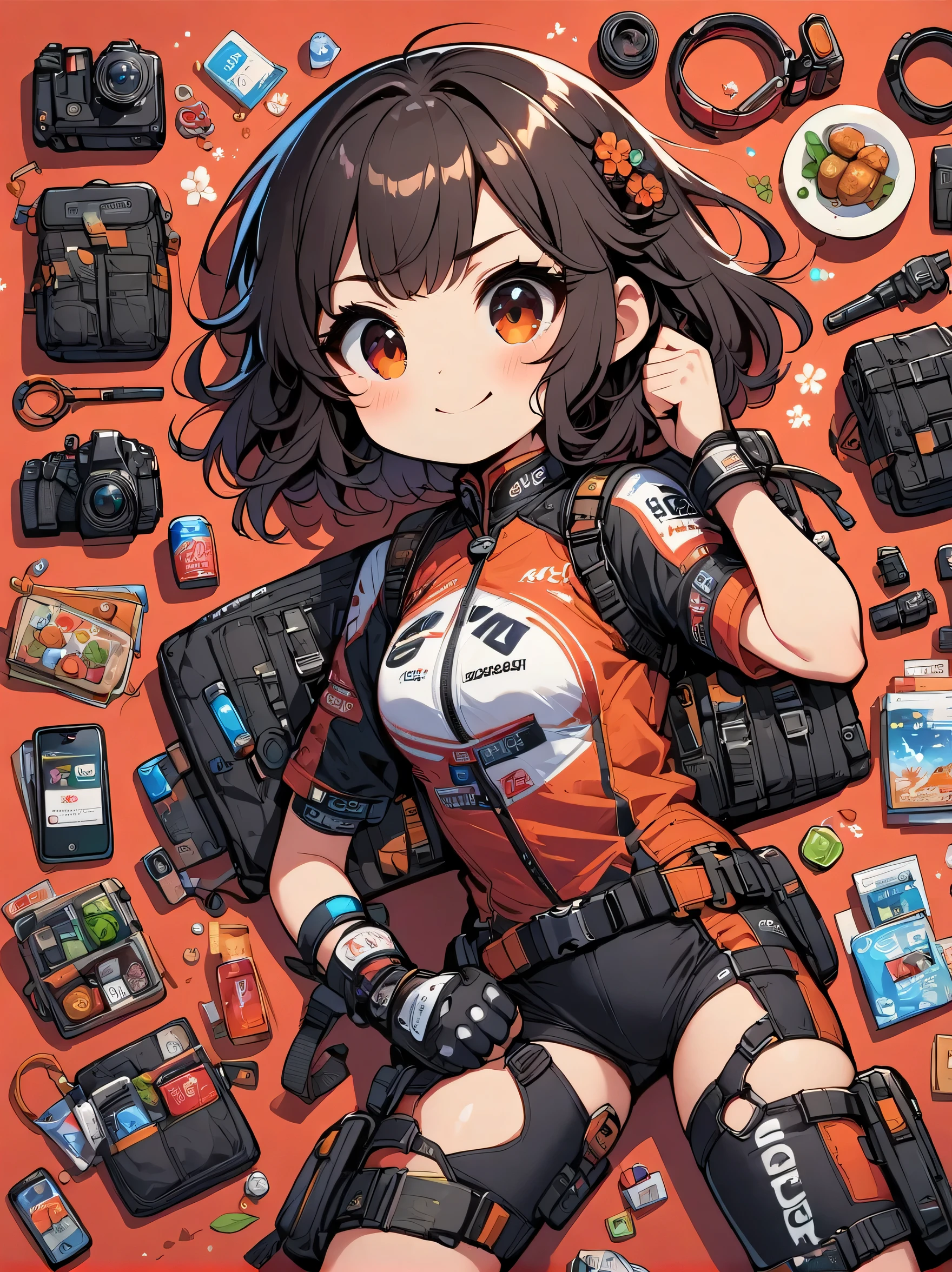 Asian face young girl,laughing expressin,Perfect body,road bike clothing,gear and
accessories,knolling layout organized on a table,person,knolling, Cartoon, pure red background