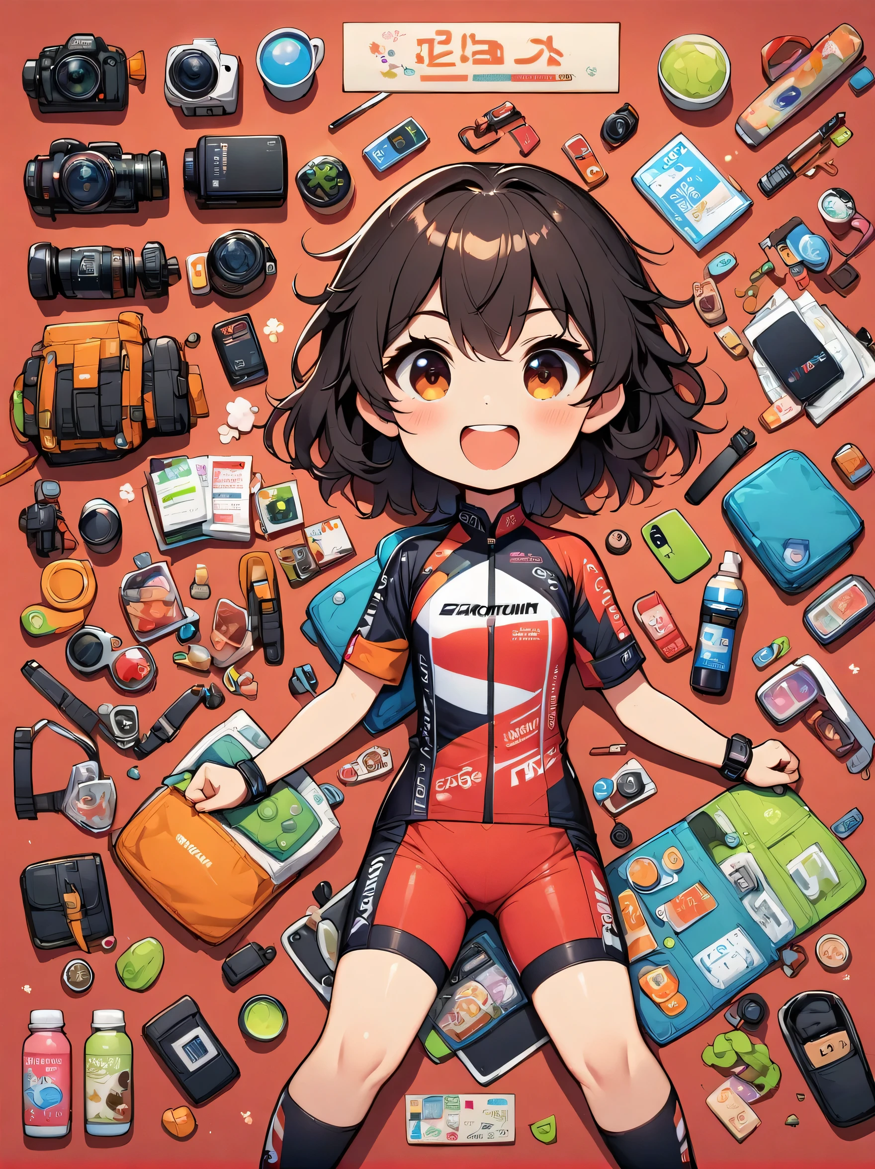 Asian face young girl,laughing expressin,Perfect body,road bike clothing,gear and
accessories,knolling layout organized on a table,person,knolling, Cartoon, pure red background