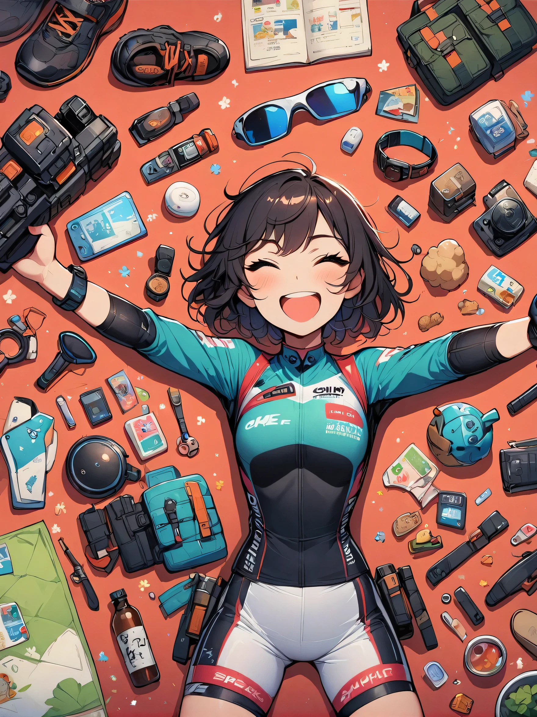 Asian face young girl,laughing expressin,Perfect body,road bike clothing,gear and
accessories,knolling layout organized on a table,person,knolling, Cartoon, pure red background