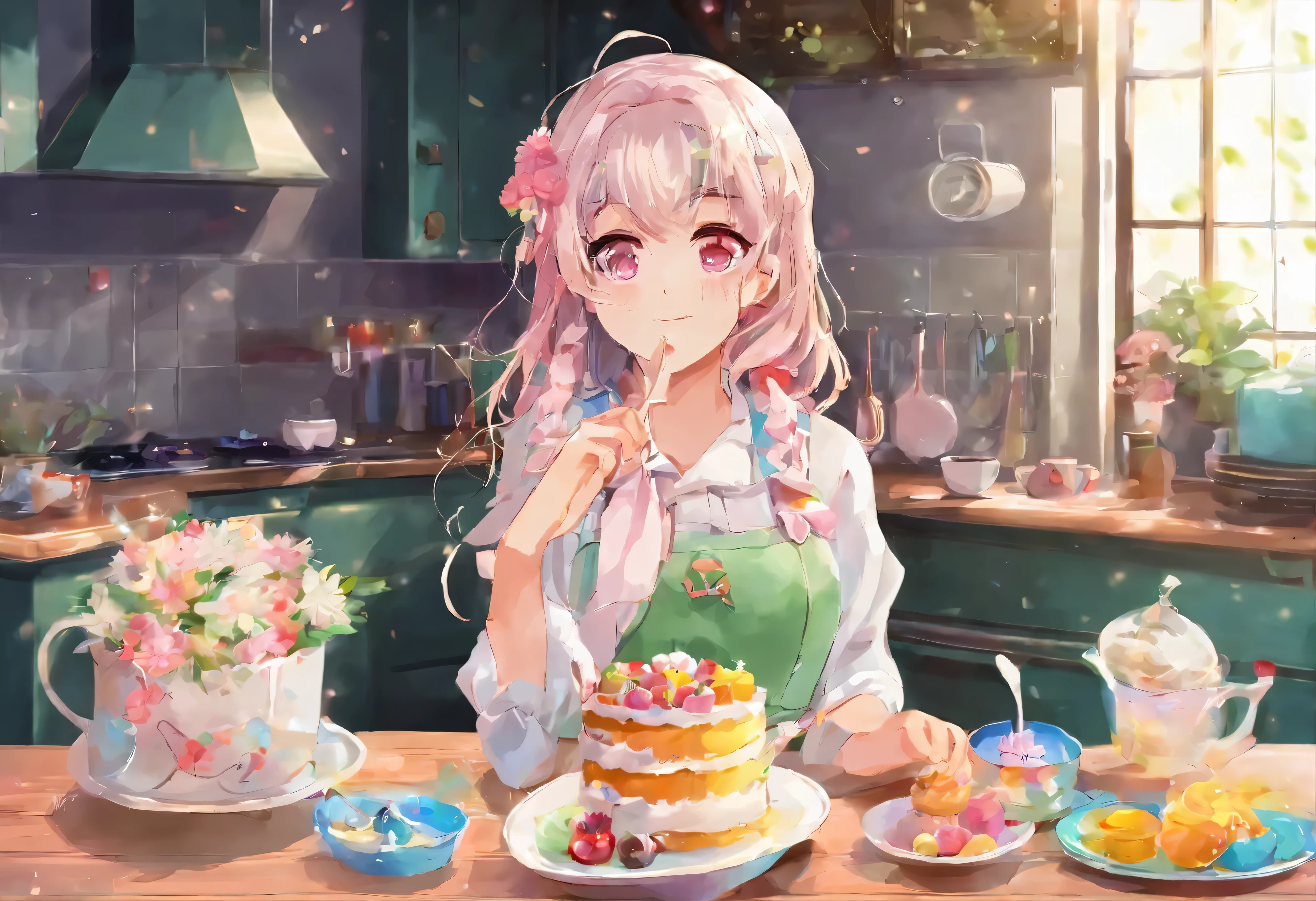 (8K、Raw photo、highest quality、look up:1.2、masterpiece:1.2、genuineistic、ultra high resolution、high contrast、photon mapping、genuine、Super detailed、official art, Raw photo、professional lighting、 light、Vivid atmosphere、twicelight) title: 「Spring kitchen joy」 explanation: This beautiful anime artwork、In the kitchen with large windows that let in the bright sunlight.、It depicts a girl preparing cupcakes with flowers in her hands.。she is 、Height: 150cm、She has fair skin and a light brown ponytail with a green ribbon.。She is wearing a moss green sleeveless dress and a green see-through cardigan.、Wearing a light green apron、Delicate facial expressions and moist eyes decorate a beautiful face.。 Outside the kitchen, plants and flowers are painted in the bright spring sunlight.、The kitchen shelves are decorated with tasteful accessories and small potted plants.。I&#39;m boiling water in a pot on the stove in the kitchen.、The cooking table is filled with cut-up finished cakes and colorful cooking utensils.。The girl looks kindly at her older sister who is sharing moments of fun and joy with her.、Transfer the finished cake to a plate.、looking happily。 This artwork is、It expresses the joy of a young girl in a bright and fun atmosphere.、It will evoke warm feelings in the viewer.。