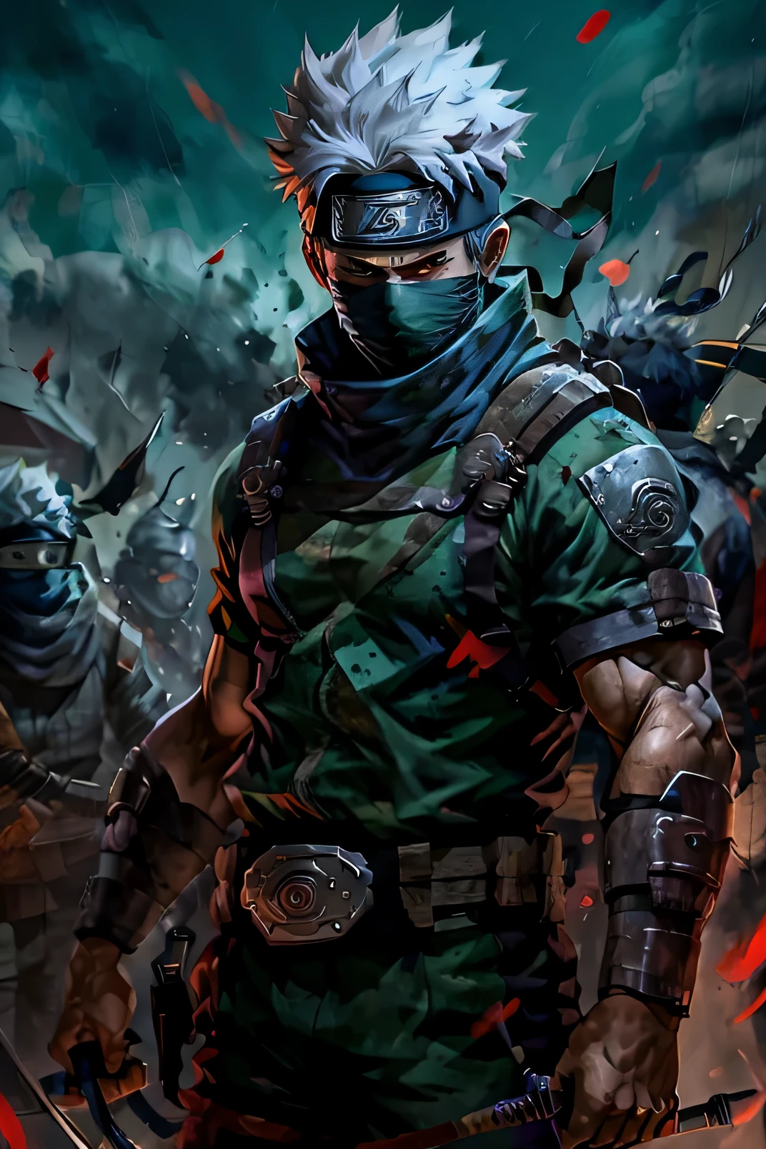 Kakashi， 1boy， malefocus， ninjartist， solo， arma， halter， Ku Wu， short- sleeved， holdingweapon， covered mouth，one-eyed