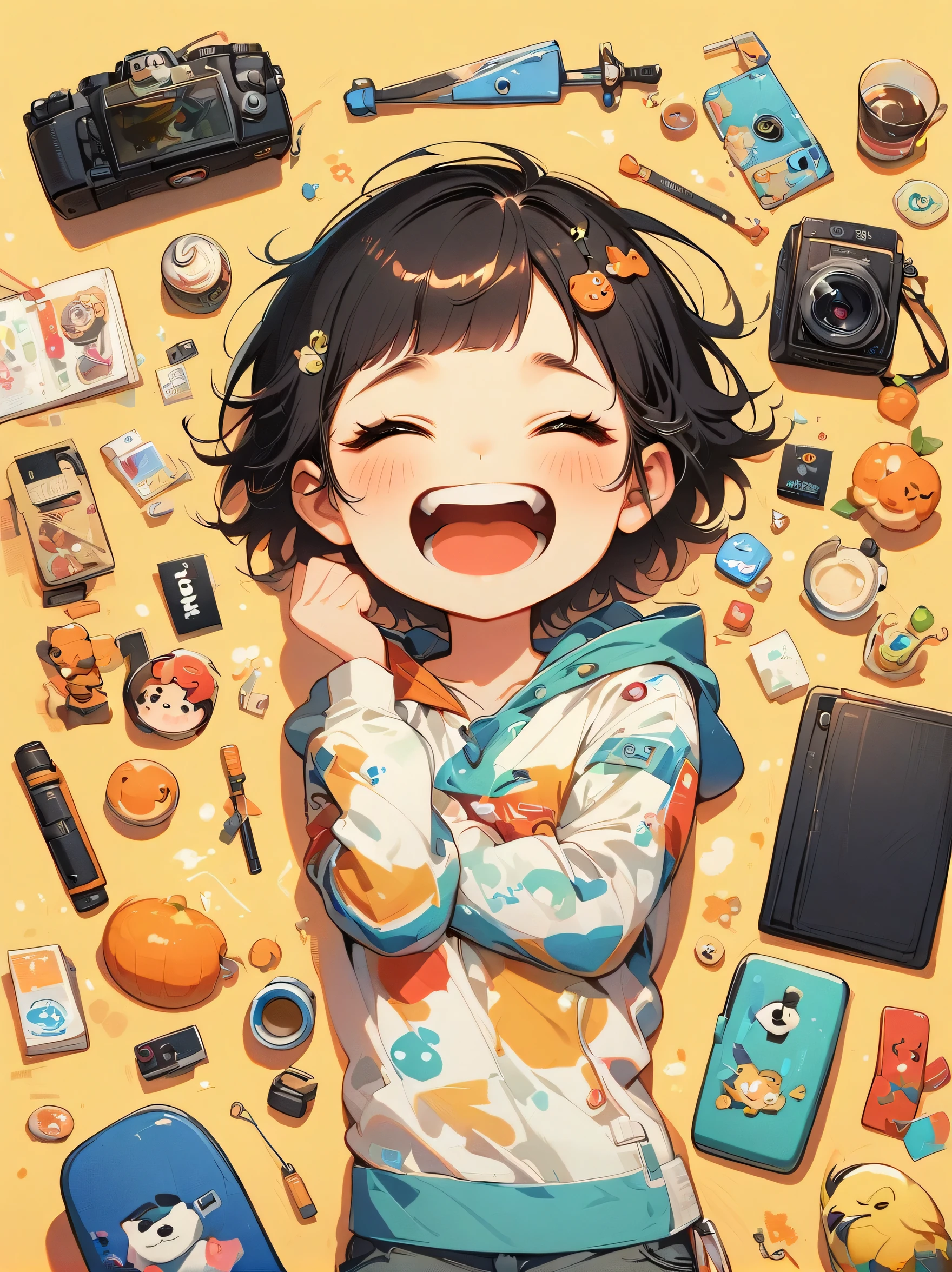 Asian face young girl,laughing expression,Perfect body,skateboard clothing,gear and accessories,knolling layout organized on a table,person,knolling, Cartoon,Pixar,pure yellow background