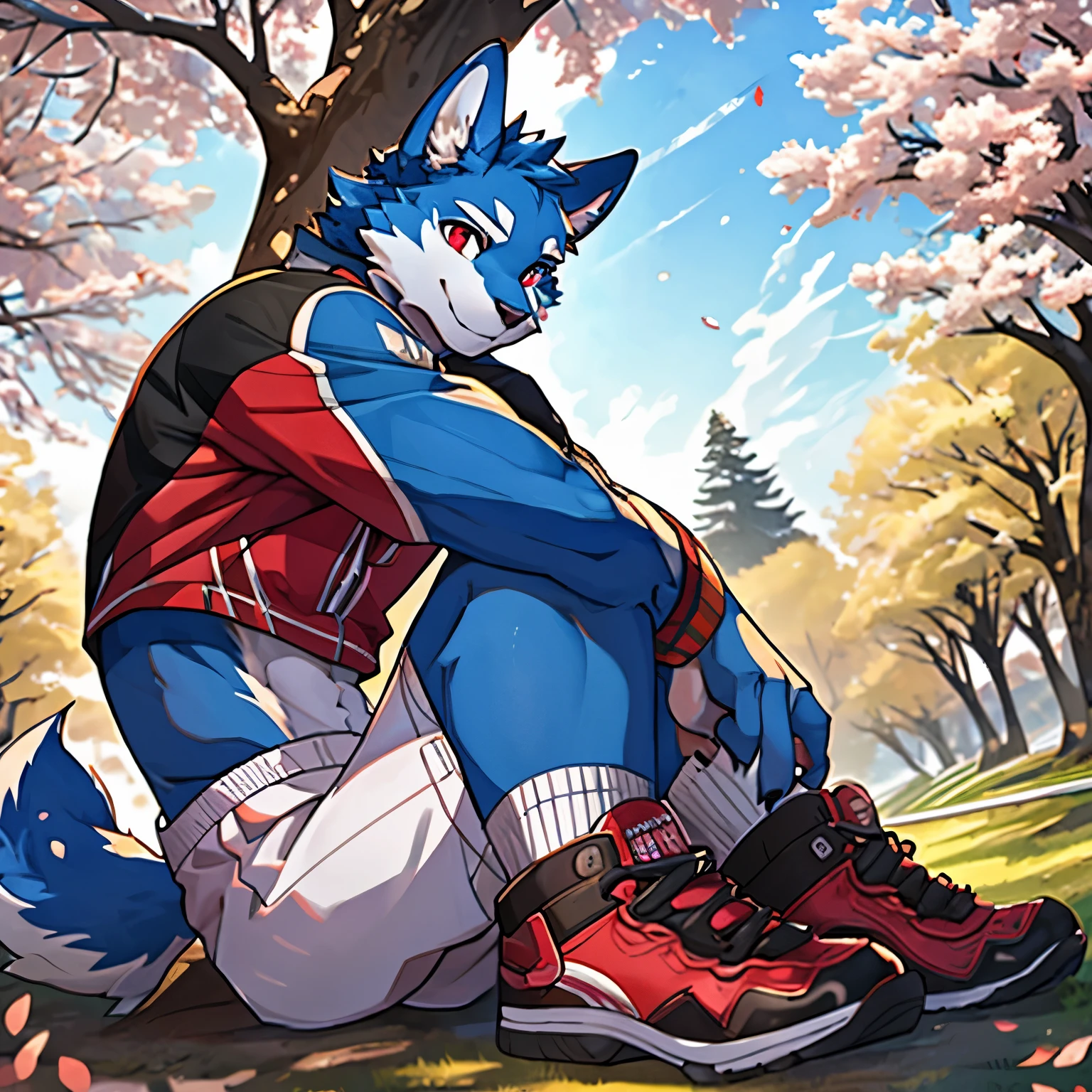 4k, actual, high detail, super detailed, Eyes detailed，fashion clothing，rabbit，Long-eared rabbits，blue fur，red eyes，Slender figure，juvenile，male，sitting on a tree，smiling，Cherry tree，The background is the countryside，sportswear，white socks