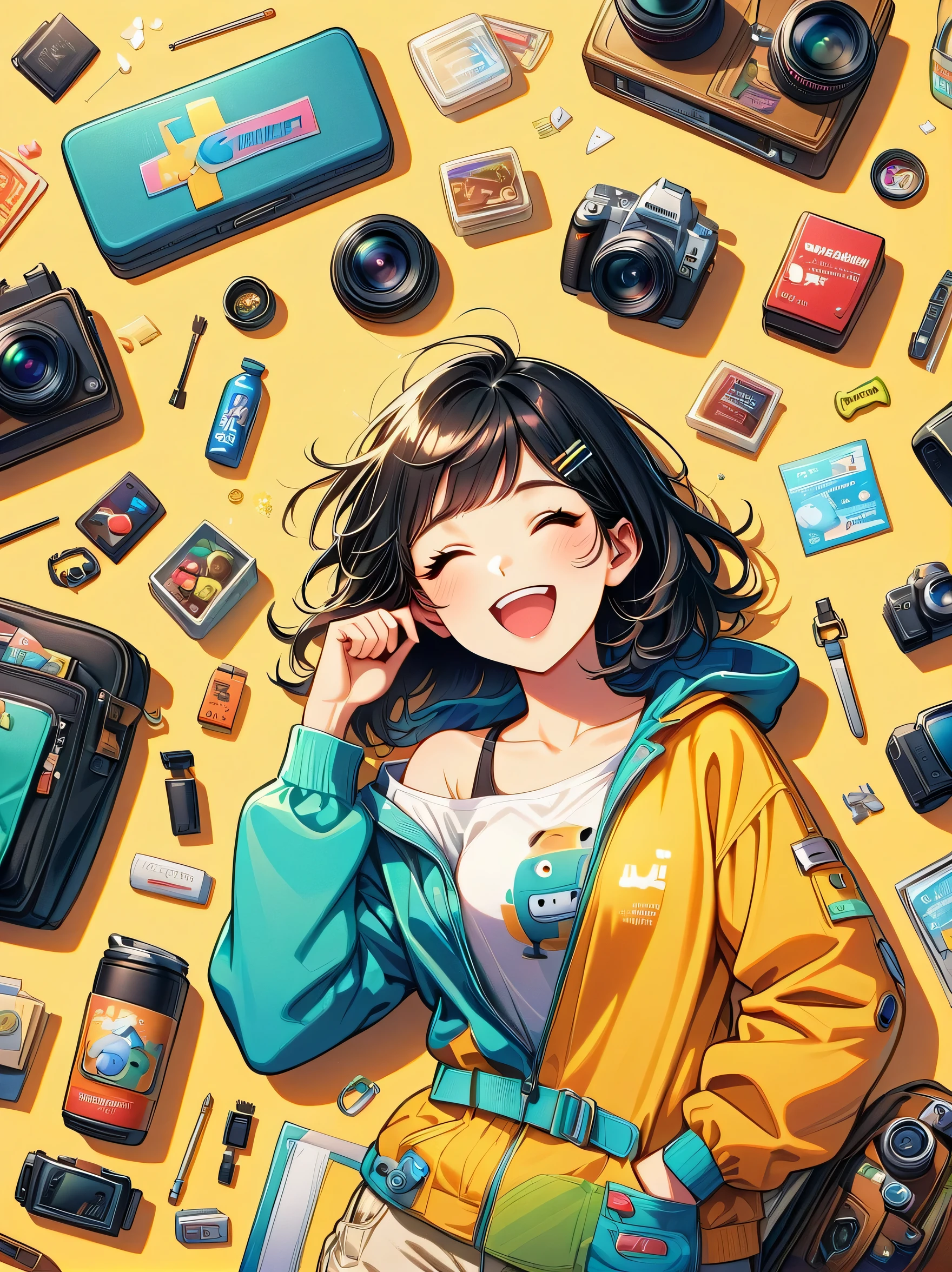 Asian face young girl,laughing expressin,Perfect body,road bike clothing,gear and
accessories,knolling layout organized on a table,person,knolling, Cartoon, pure red background