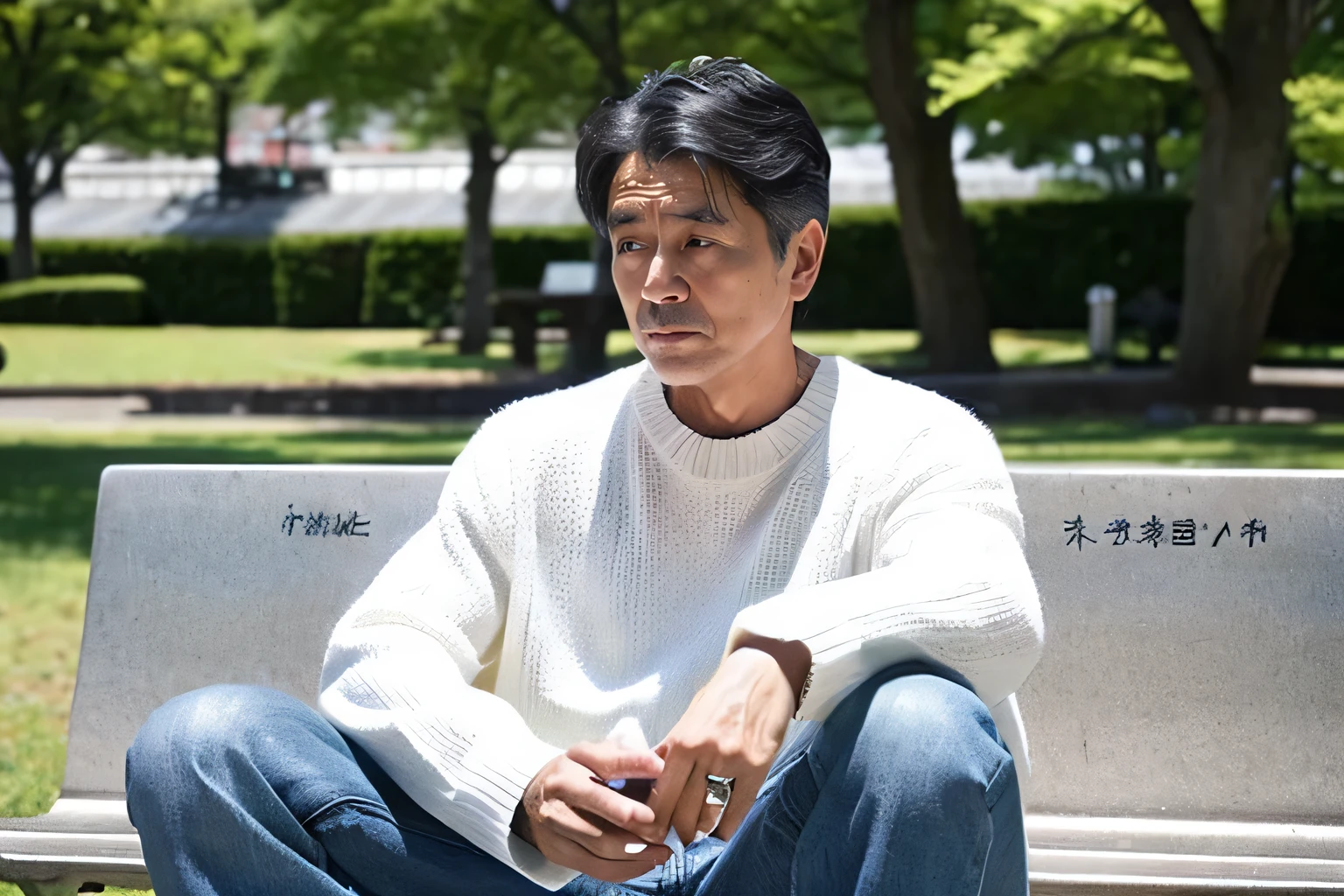 hot day in may、long sleeve white sweater、jeans、Japan man in his 50s、I&#39;m dizzy from the heat、Sitting on a chair in the park、(A sad expression:1.5)