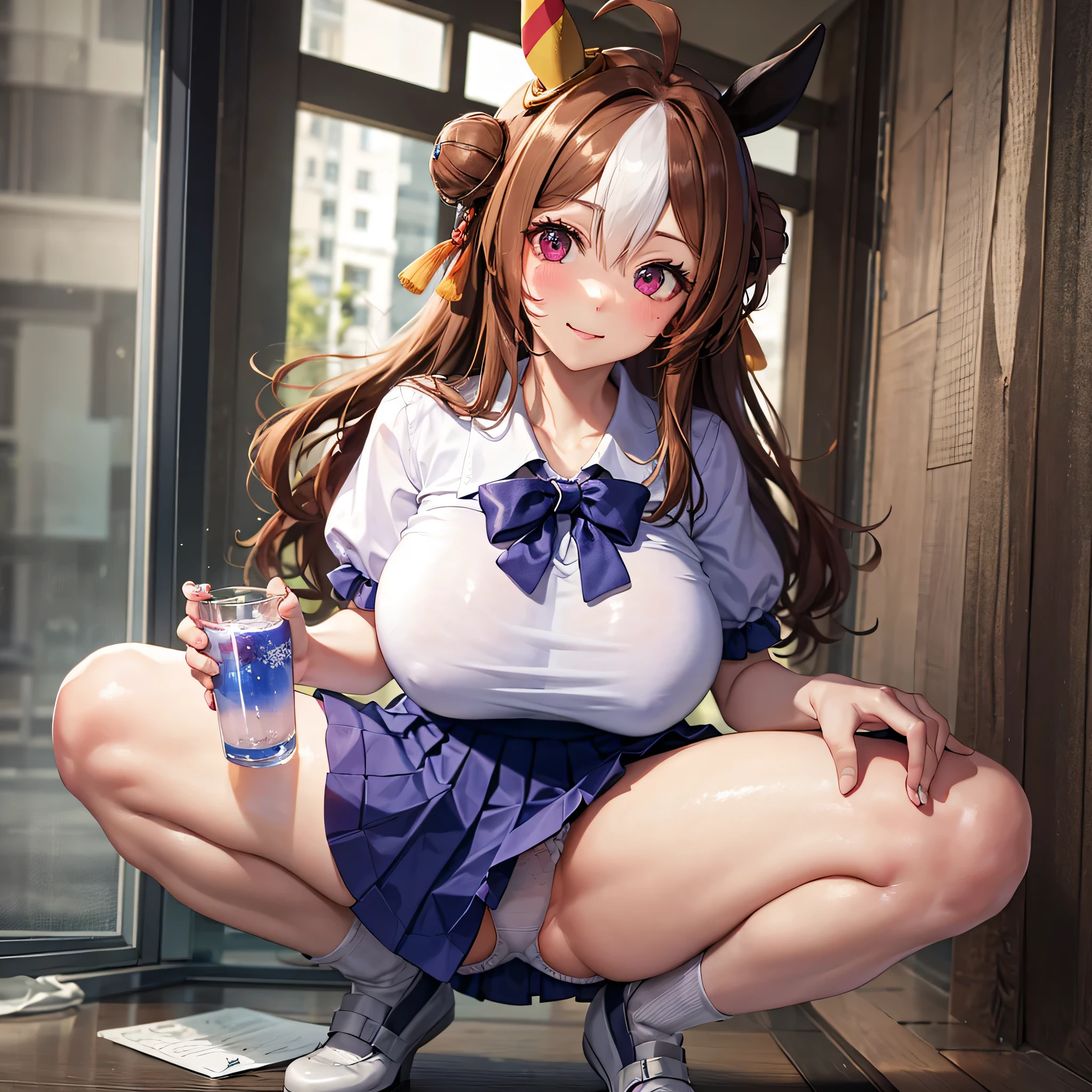 (masterpiece, highest quality, perfect face:1.4) looking at the viewer , walk along a corridor , full body, Copano Ricky \(Umamusume\), white stockings, vestige , purple shirt, pleated skirt, Plump short sleeves, white skirt, plump sleeves, summer clothes, ruffle skirt, sailor collar, sailor shirt, mini skirt, indoor ruffles, School, high School, corridor, 、 、ergartyears old、、 of、one uge breasts:1.8)、nipple、Squat with your legs apart、blush、lace panties,Underwear is transparent、Clothes are transparent、Mushy white love juice、Drip a large amount of love juice、spread legs、Nipple shows through