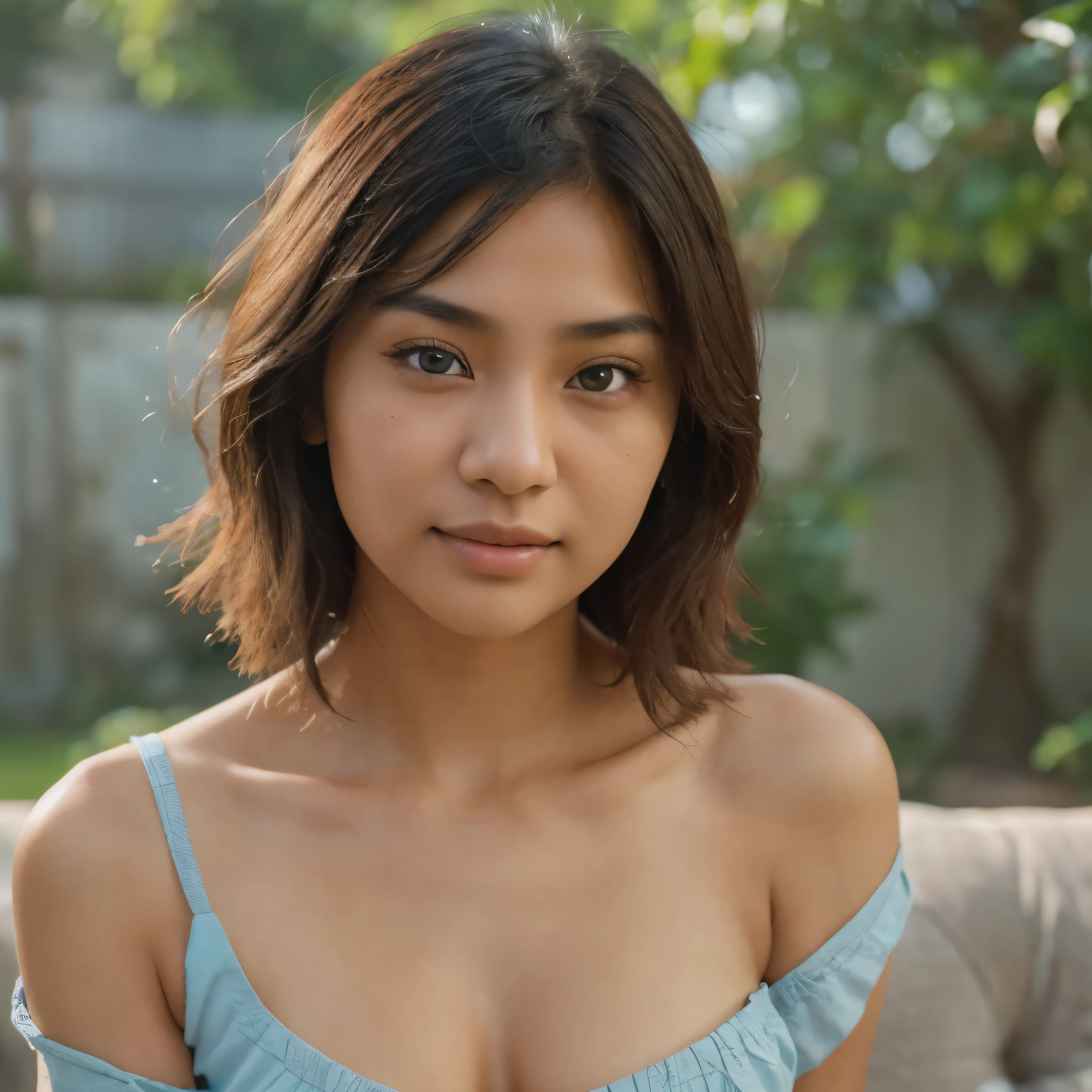 (best quality,highres,ultra-detailed),Japanese Indian mixed race,18 year old girl,with fair skin,beautiful blue eyes and  look,short,shoulder length hair,close-up portrait,shot from high quality camera,soft lighting,vibrant colors,delicate features,subtle smile,crisp focus,photorealistic style,natural makeup,faint blush on cheeks