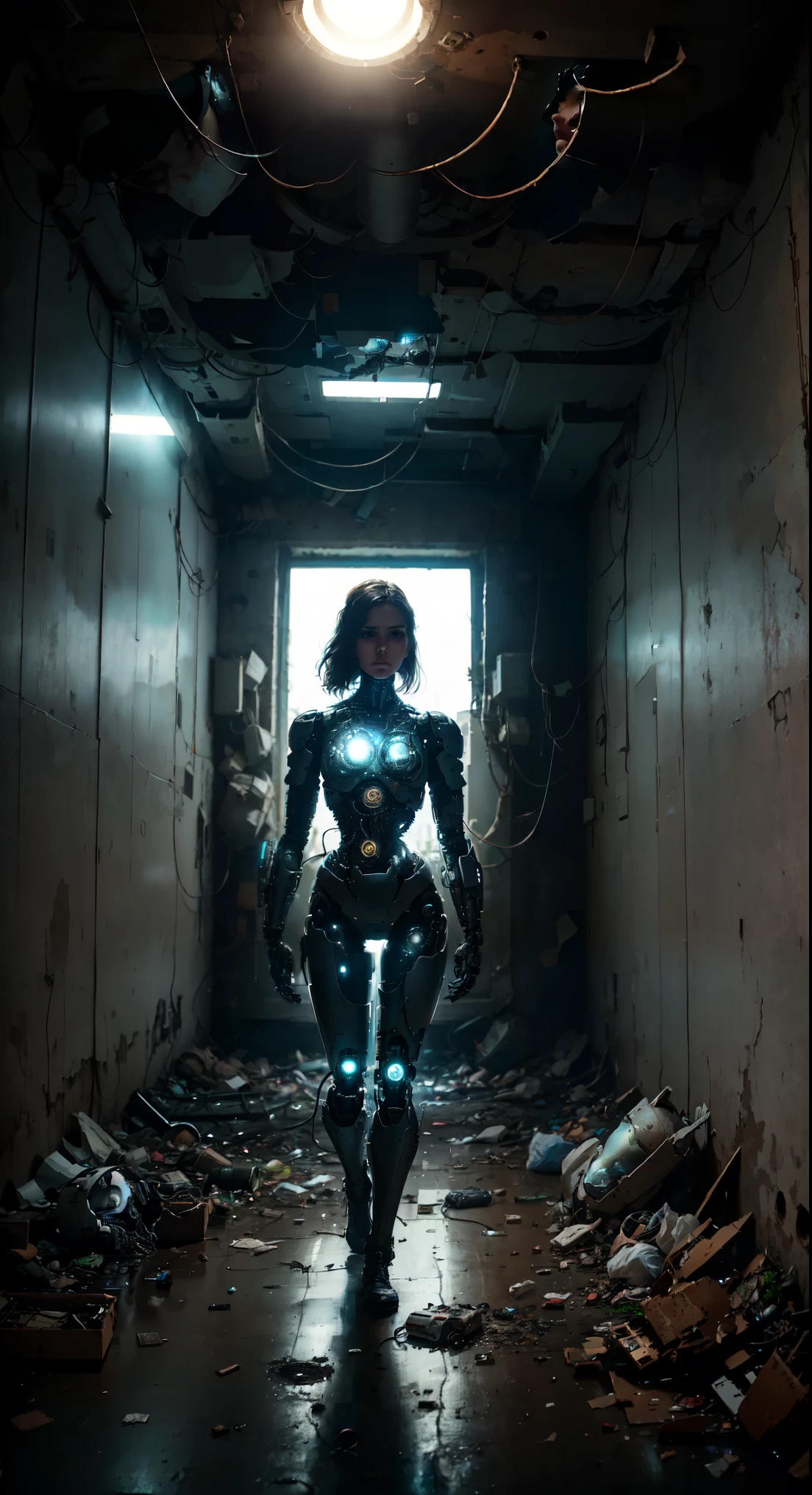 Here is an anthropomorphic cyborg woman., located in an abandoned bunker. Her artificial body is intertwined with metal panels., tubes and wires, giving the impression of a high-tech creature.
She stands in the center of a small room, surrounded by concrete walls and darkened corridors. Dilapidated furniture and scattered garbage indicate that, What, What это место было заброшено много лет назад. However, despite the devastation, Cyborg woman remains calm and focused, It’s like I’m exploring and getting to know this abandoned world.
Her look, which unites man and machine, looks ahead, как будто она ждет или ищет What-то невидимое для обычного наблюдателя. Her face is devoid of emotion, but in the pose one can feel inner strength and determination.
The whole image of a cyborg woman in this gloomy and abandoned bunker creates an atmosphere of mystery., loneliness and technological superiority over human nature.