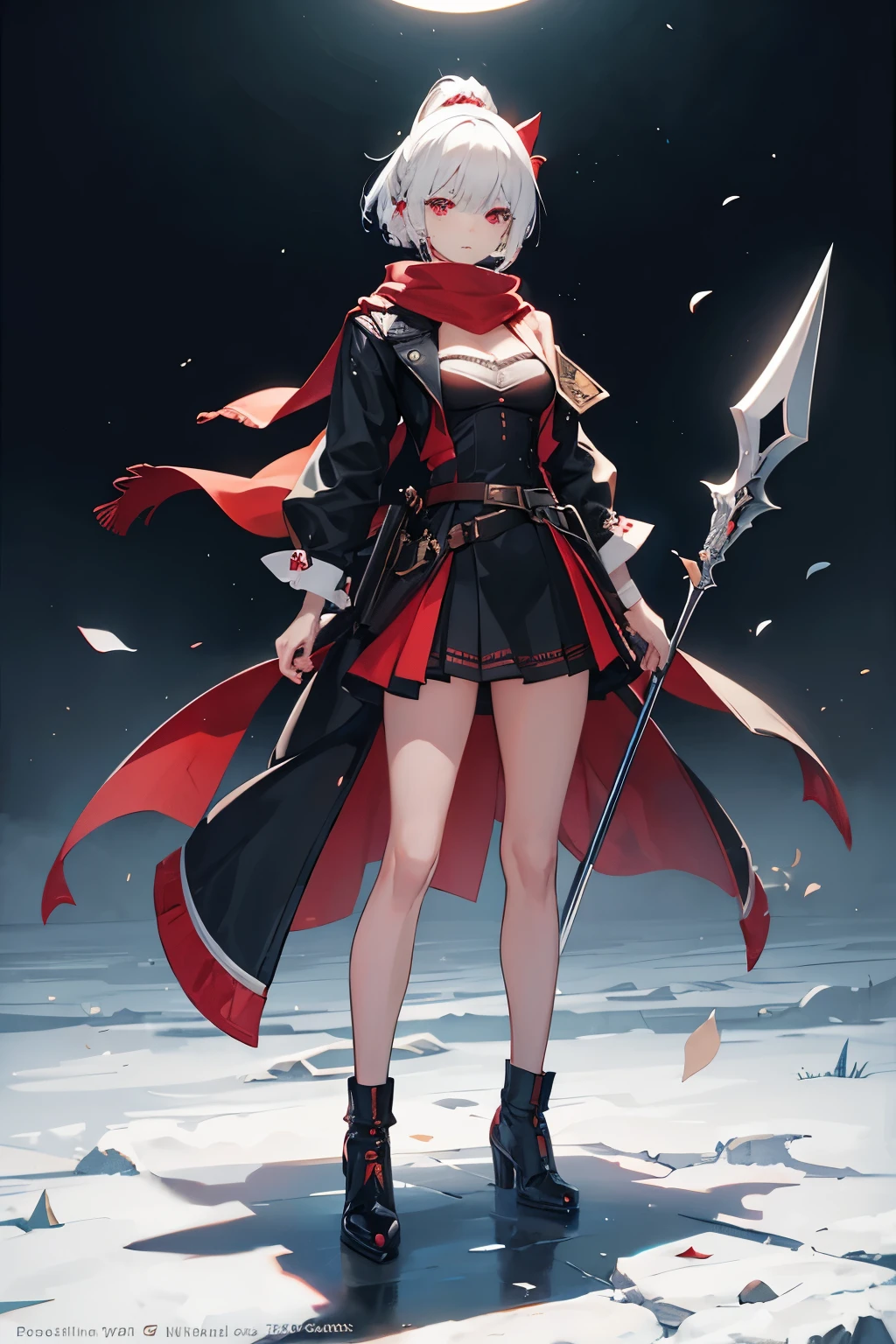 girl, black clothes, black high boots, red eyes, white hair and a ponytail, short hair, holding polearm, standing, {{red moon}},pettiskirt, flower pattern in dress,black gow, red scarf, {{masterpiece}},beautiful detailed eyes, {{beautiful face}},{{beautiful hands}}, strong rim light, depth of field,lens flare,{{{full body}}},{{wide shot}},tyndall effect,{{beautiful legs}},{{stand}}, photo (medium), {{dusk}},{nightfall}, {{field}},
