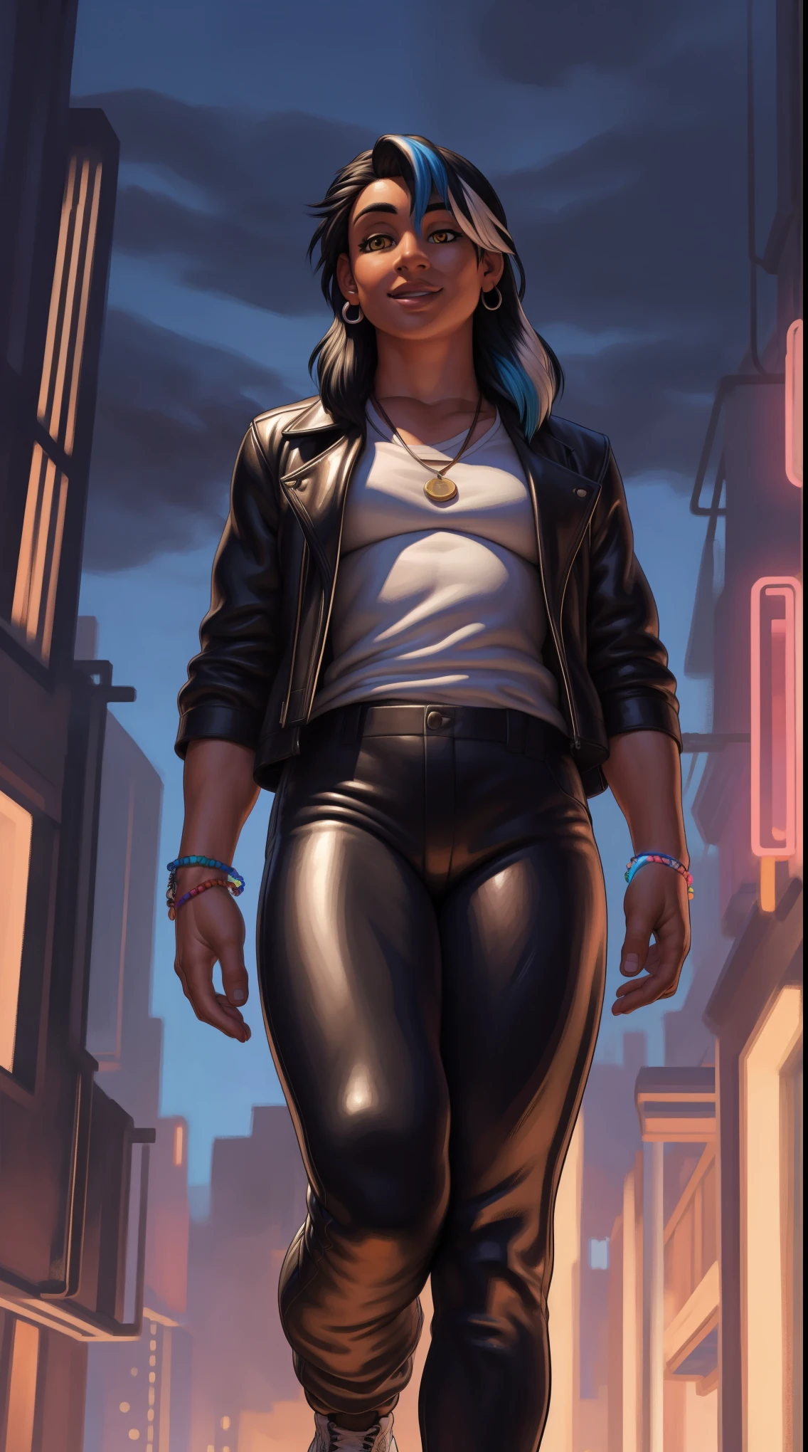 solo, human, female, skinny, human woman, (black hair), long hair, highlights, yellow eyes, leather pants, black stockings, breast, tight pants, earrings, white shirt, detailed lips, glossy lips, bracelets, short jacket, detailed face, detailed eyes, white shirt, necklace, black t-shirt,  pants, sneakers, (cyberpunk), (by meesh:0.7), masterpiece, high quality, hi-res, 8k, hd), standing,close-view portrait, looking at viewer, night, outdoors, happy expression