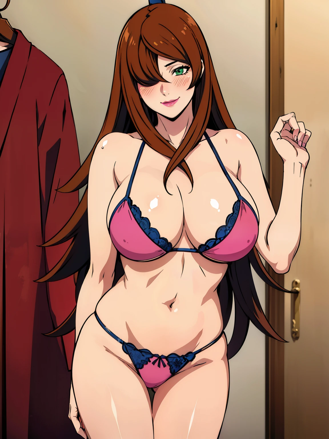 grabbing her breasts with her hand, flower pattern lingerie, at fitting room, bikini store background, mei terumi, 25 yo, mature women, solo, takeda hiromitsu style, anime cels style, best quality, high resolution, (large breasts:1.3), cowboy shot, blush, smiling, slim body, long hair, brown hair, green eyes, ((hair over one eye)), pink lipstick