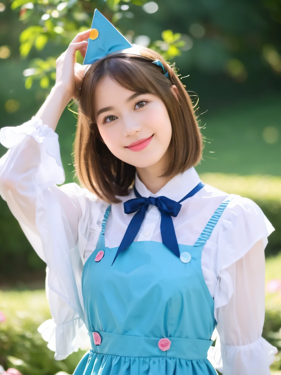 ((of the highest quality, 8K, masutepiece: 1.3)), Beauty, 1 Japan Girl, lolli (:1.2, round face, lower height), portrait, brown hair, bob hair, (wavy hair, curl inward), 28 years old, Detailed face, very detailed lips, Detailed eyes, Double eyelids, Sweaty skin: 1.2, :o, head tilt, (maid dress. black collared dress, puffy sleeves, long sleeves, white apron, frilled apron), in the bed room, 