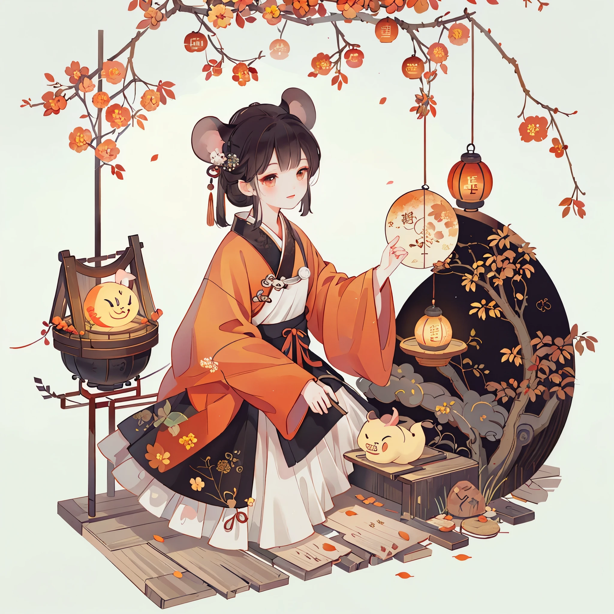 （a mouse：1.4）, sit on the floor, look up, Mid-Autumn Festival atmosphere, Chinese traditional illustration style, The art of math, Simple background, masterpiece on white background, best quality, Super detailed, high quality, 4K