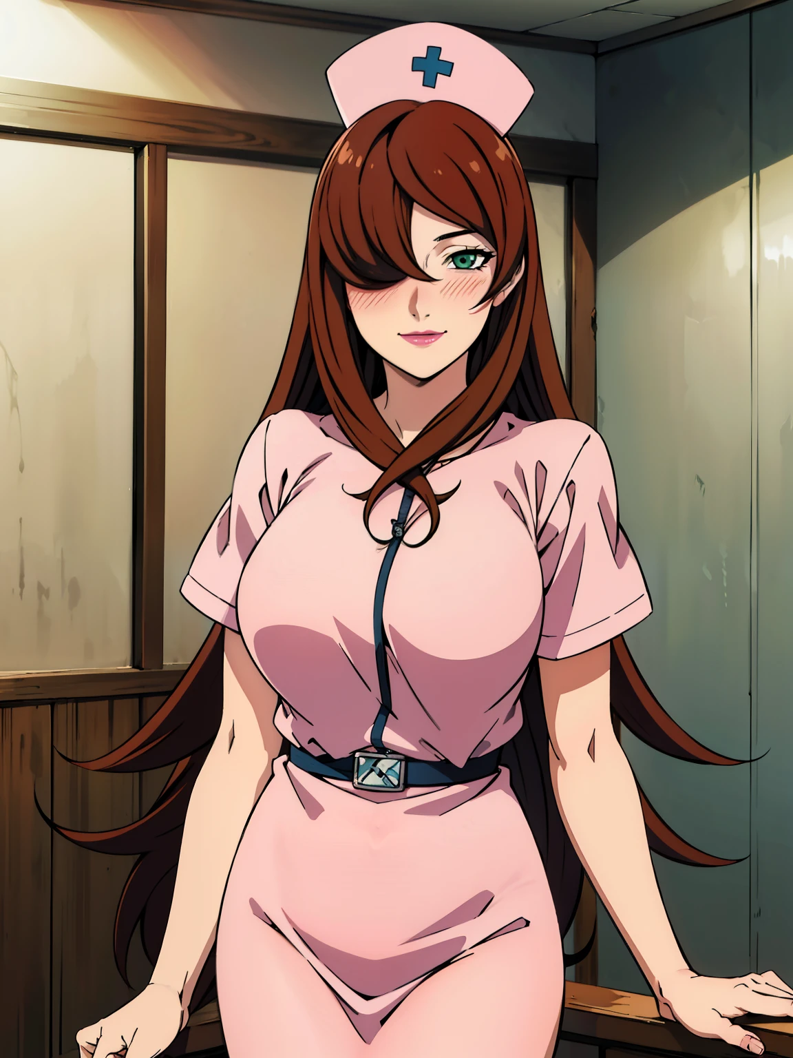 white nurse outfit, nurse hat on her head, at medical room, medical room background, mei terumi, 25 yo, mature women, solo, takeda hiromitsu style, anime cels style, best quality, high resolution, (large breasts:1.3), cowboy shot, blush, smiling, slim body, long hair, brown hair, green eyes, ((hair over one eye)), pink lipstick