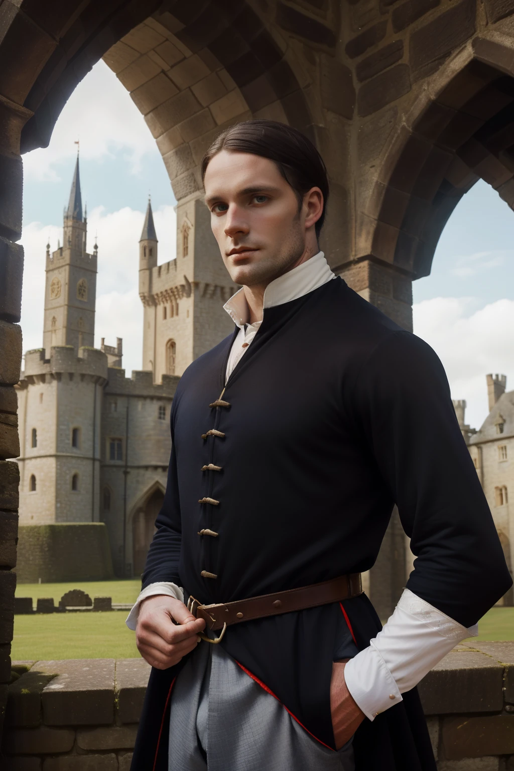 England, 1349. A young ((((32-year-old)) Ralph Fitzgerald)), intense eyes, ambitious, tall, athletic, in front of a castle, ((satisfied and proud expression)). ((((count clothings from the 1340s)))), ((dark hairstyle of the 1340s))