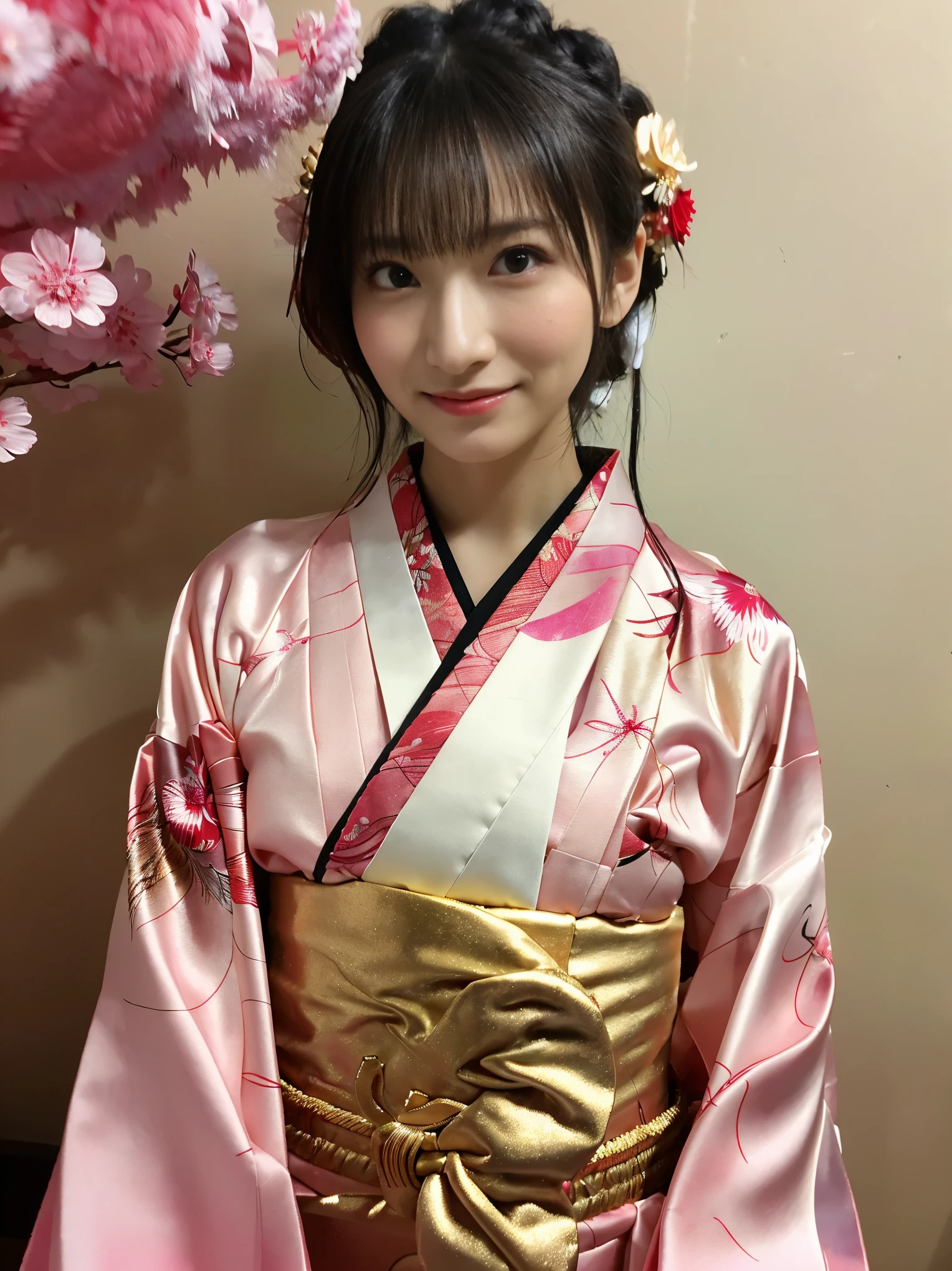 white kimono、pink Japanese pattern、(Furisode:1.5)、or、(top grade)、1 female、、Full body Esbian、black haired、tie your hair back、(realistic:1.7)、((best image quality))、absurd、(超A high resolution)、(Photoreal:1.6)、Photoreal、octane rendering、(超realistic:1.2)、(realistic face:1.2)、(8K)、(4k)、(masterpiece)、(realistic skin texture)、(enlightenment、movie lighting、wall-)、(beautiful eyes:1.2)、((((perfect face))))、(Cute face like an idol:1.2)、( Are standing)、shrine、bird ready、(January)、detailed cute face、true beauty、laughter、