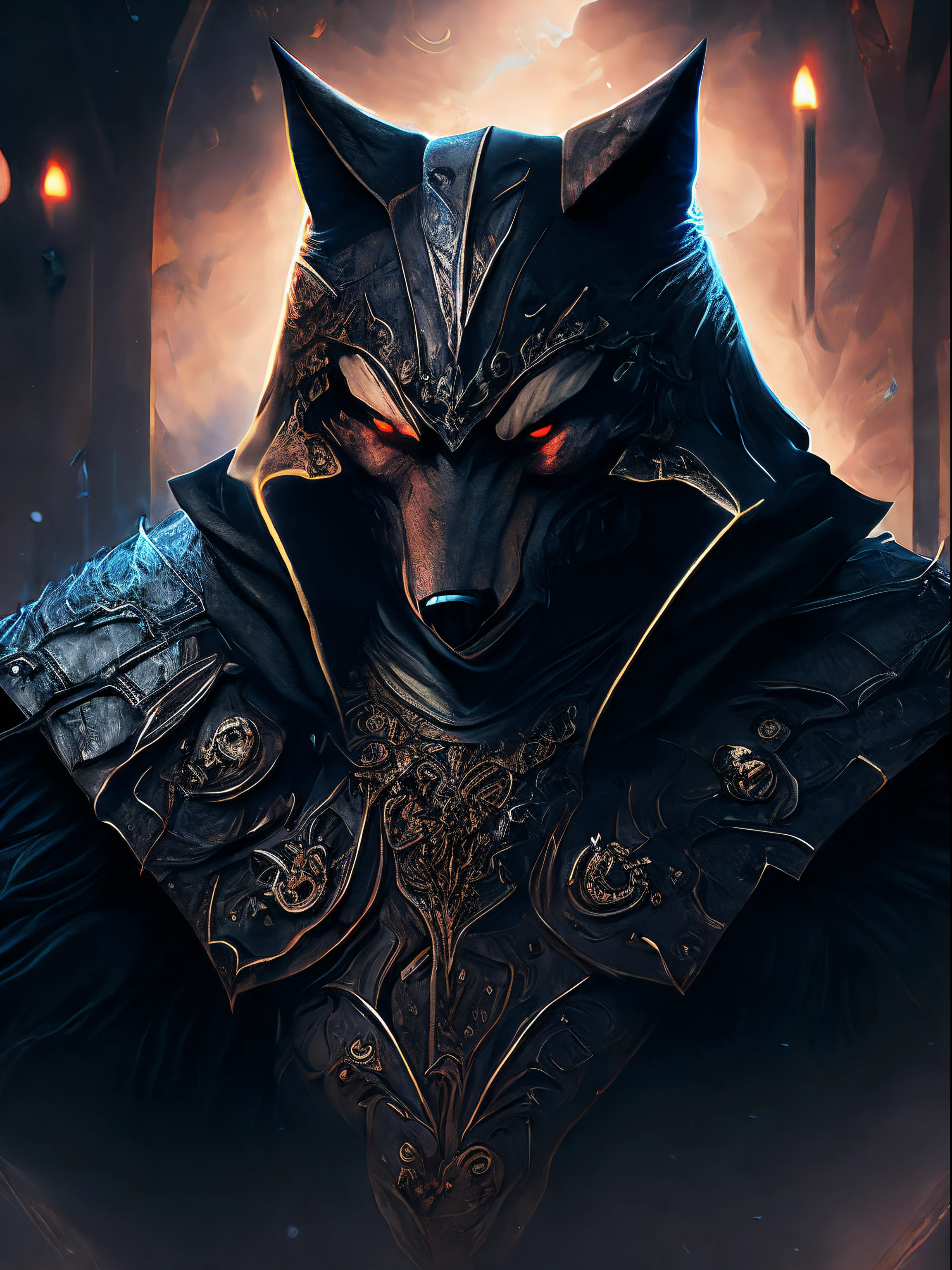 The evil wolf king, un gros plan d'un, anthropomorphisme fantastique, Masque de la peste noire, Illustrateur d'ArtStation, intricate details, le visage, Portrait en pied, discreet light, illustration, UHD, Hyper-realistic 4K, Puissant, brume, Very detailed, Une concentration claire, professionnel, 8k euh, cinematic, Sombre, violent, En plein air, darkness,brume, brume, mysterious atmosphere, spectaculaire, Le vibrant, mysterious atmosphere, le rendu, epic, dusk, hdr, une couverture d'album, brume, eye shadow, catastrophe