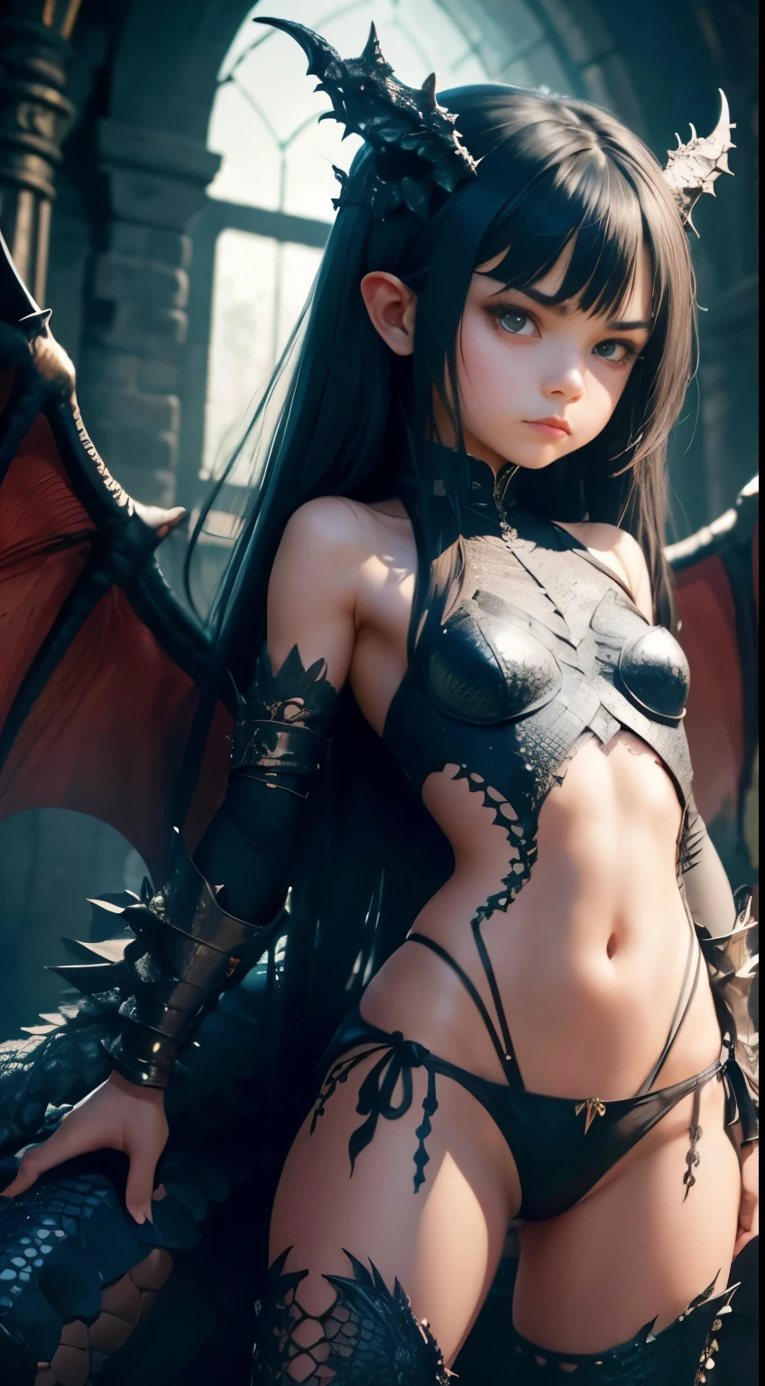  girl 8 years old, long black hair , angry , black dragon scales on the body, dragon arms and legs, reptilian tail, front , pose  , dungeon 