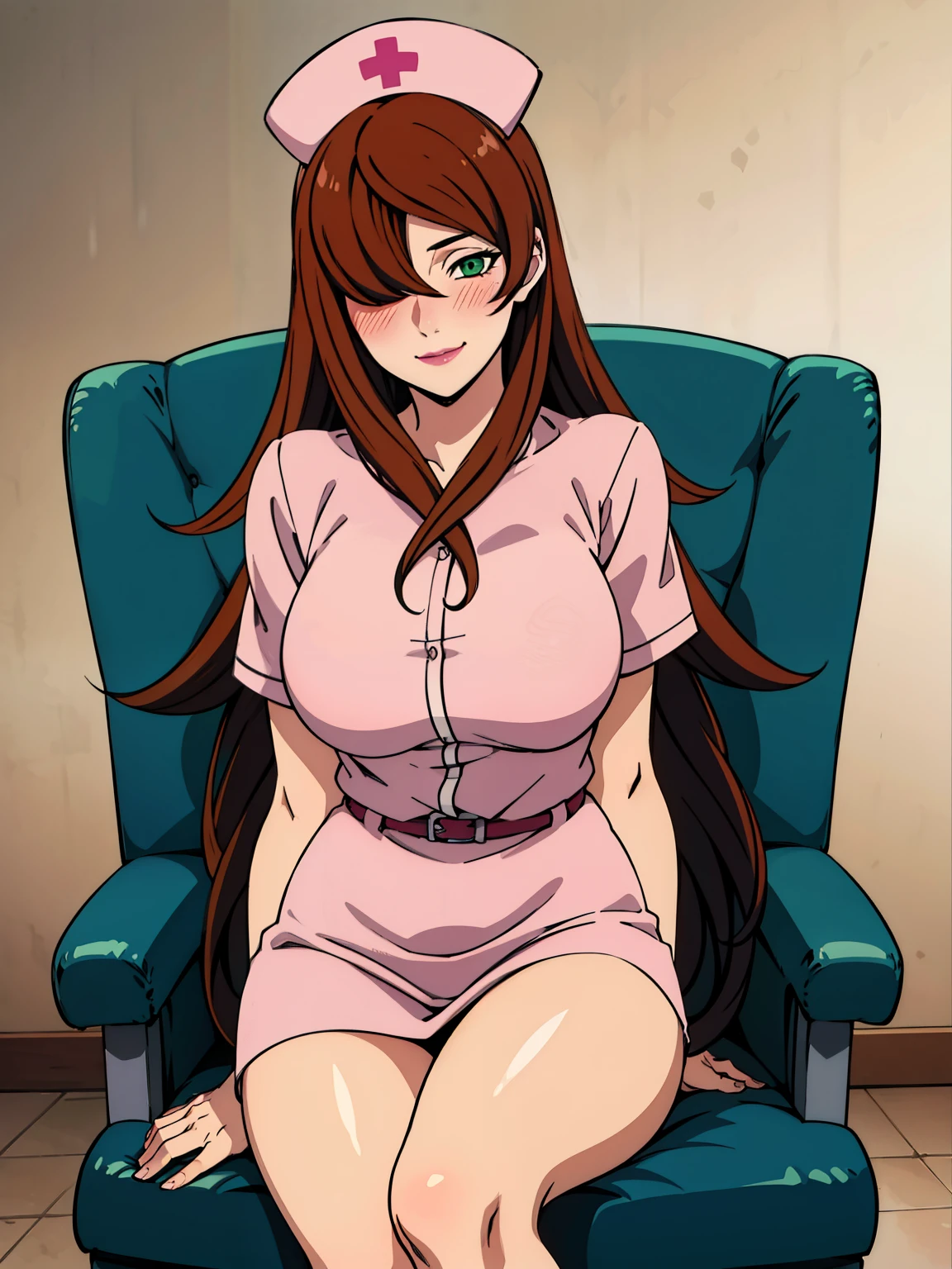 sitting at chair, (white nurse outfit), nurse hat on her head, at medical office room, medical room background, mei terumi, 25 yo, mature women, solo, takeda hiromitsu style, anime cels style, best quality, high resolution, (large breasts:1.3), cowboy shot, blush, smiling, slim body, long hair, brown hair, green eyes, ((hair over one eye)), pink lipstick