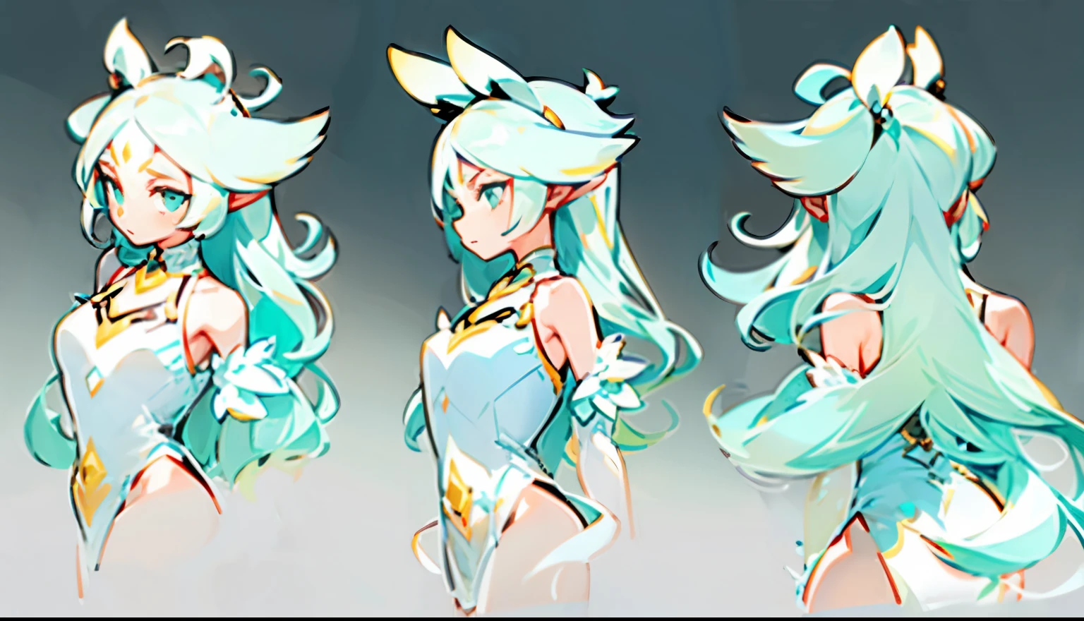 whole body, front and rear three views, Full aqua long haired vier,The head-to-body ratio is 1:leeveless short dress,masterpiece,extremely high detail,White background